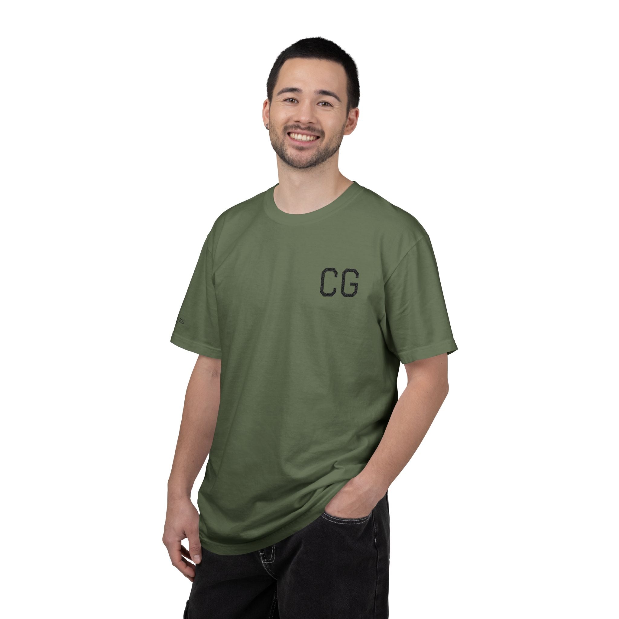 CG Chest Logo T‑Shirt — Minimalist White Tee with Sleeve Patch