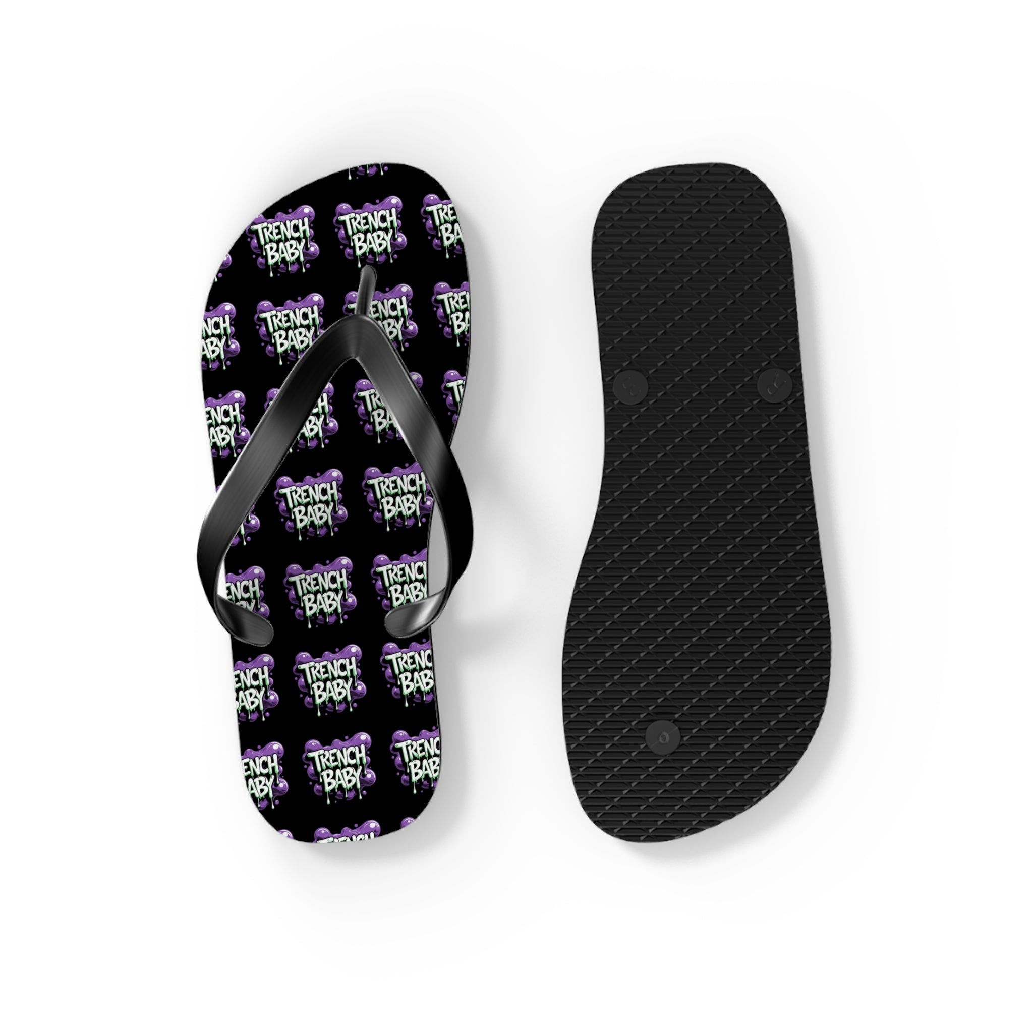 Flip Flops — 'Trench Baby' Patterned Beach Sandals (Black & Purple)