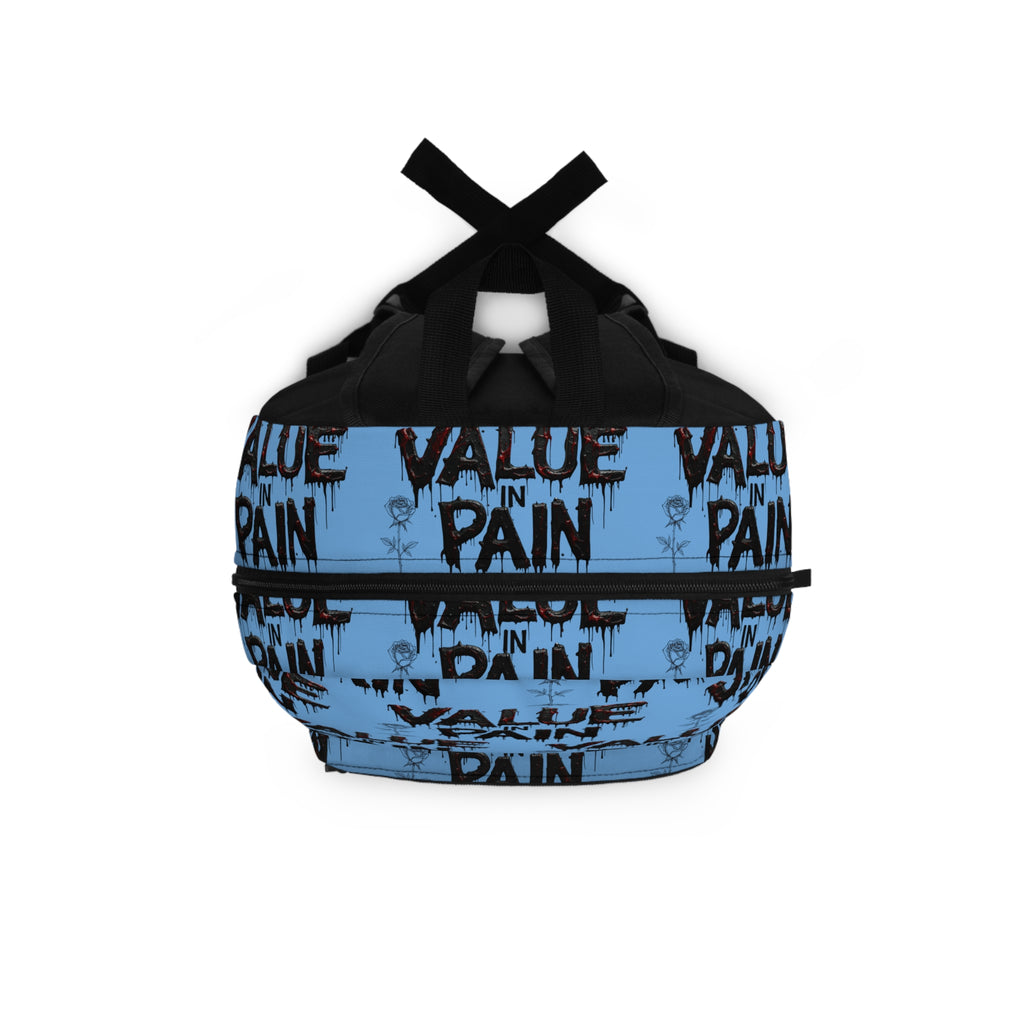 Value in Pain Backpack — Blue Graffiti Text Pattern