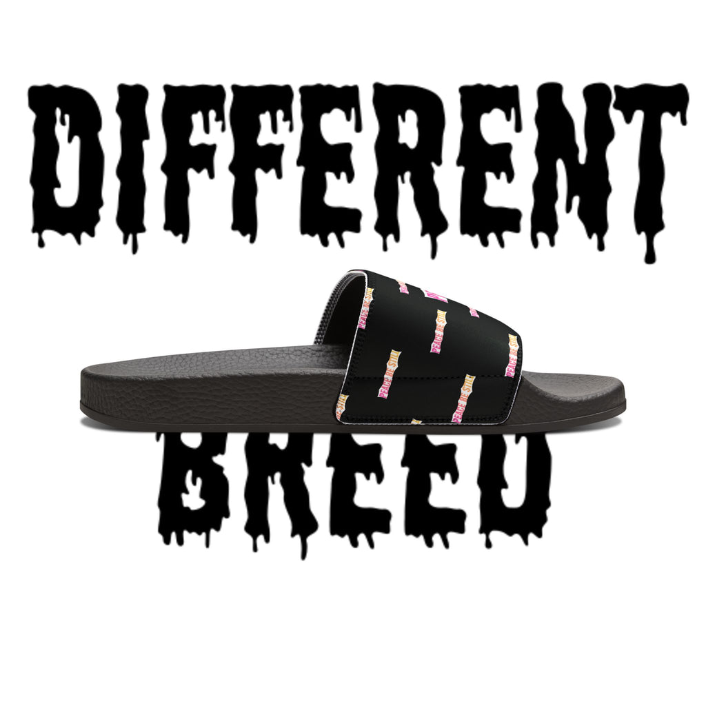 Slide Sandals — Black Printed "Peace & Shh" Straps, Removable‑Strap Pool Slides