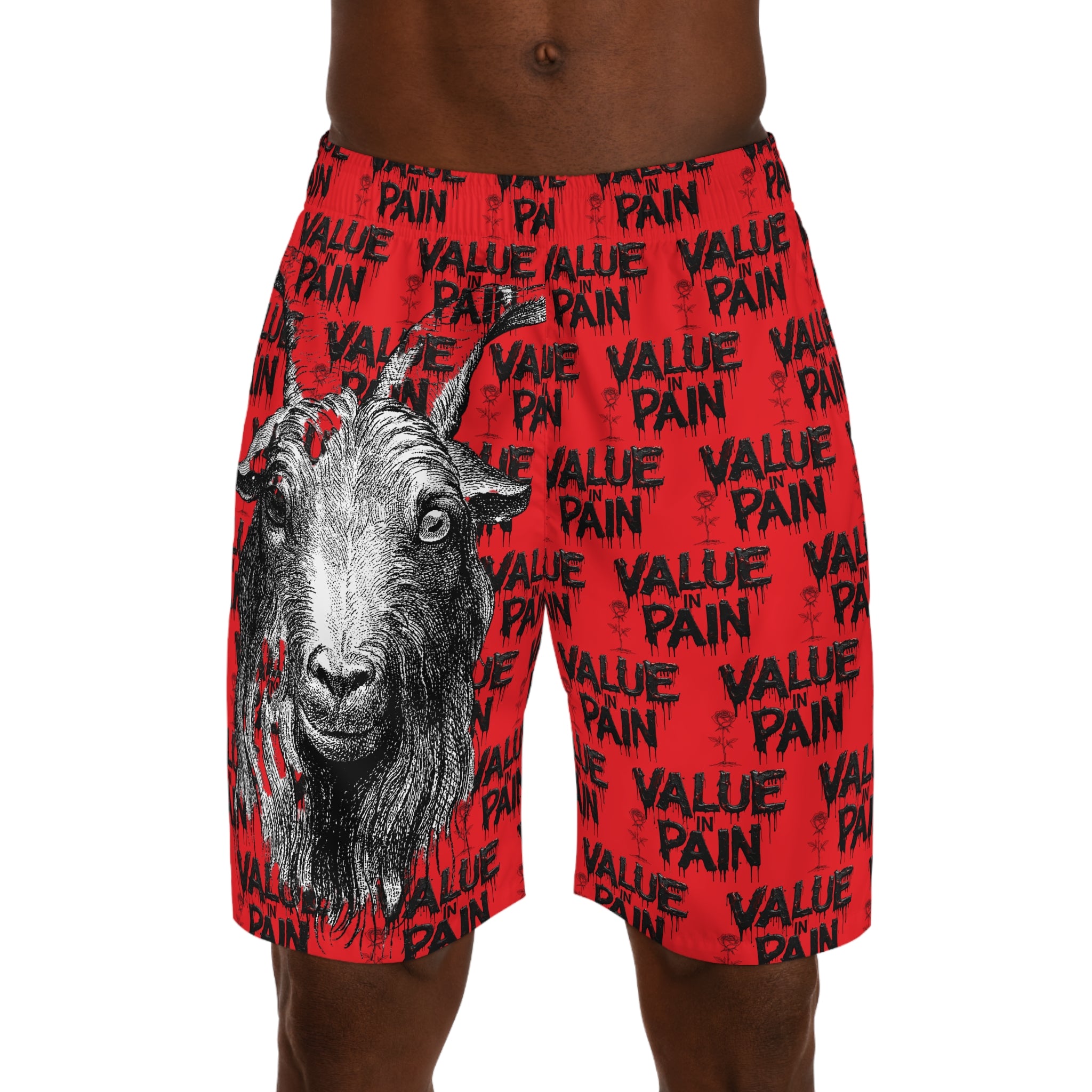 Men's AOP Jogger Shorts — Red "Value Pain" Goat Graphic