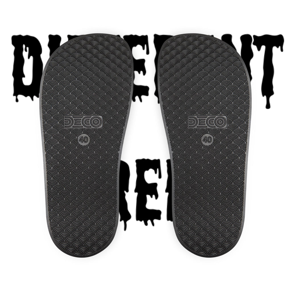 Slide Sandals — Black Printed "Peace & Shh" Straps, Removable‑Strap Pool Slides