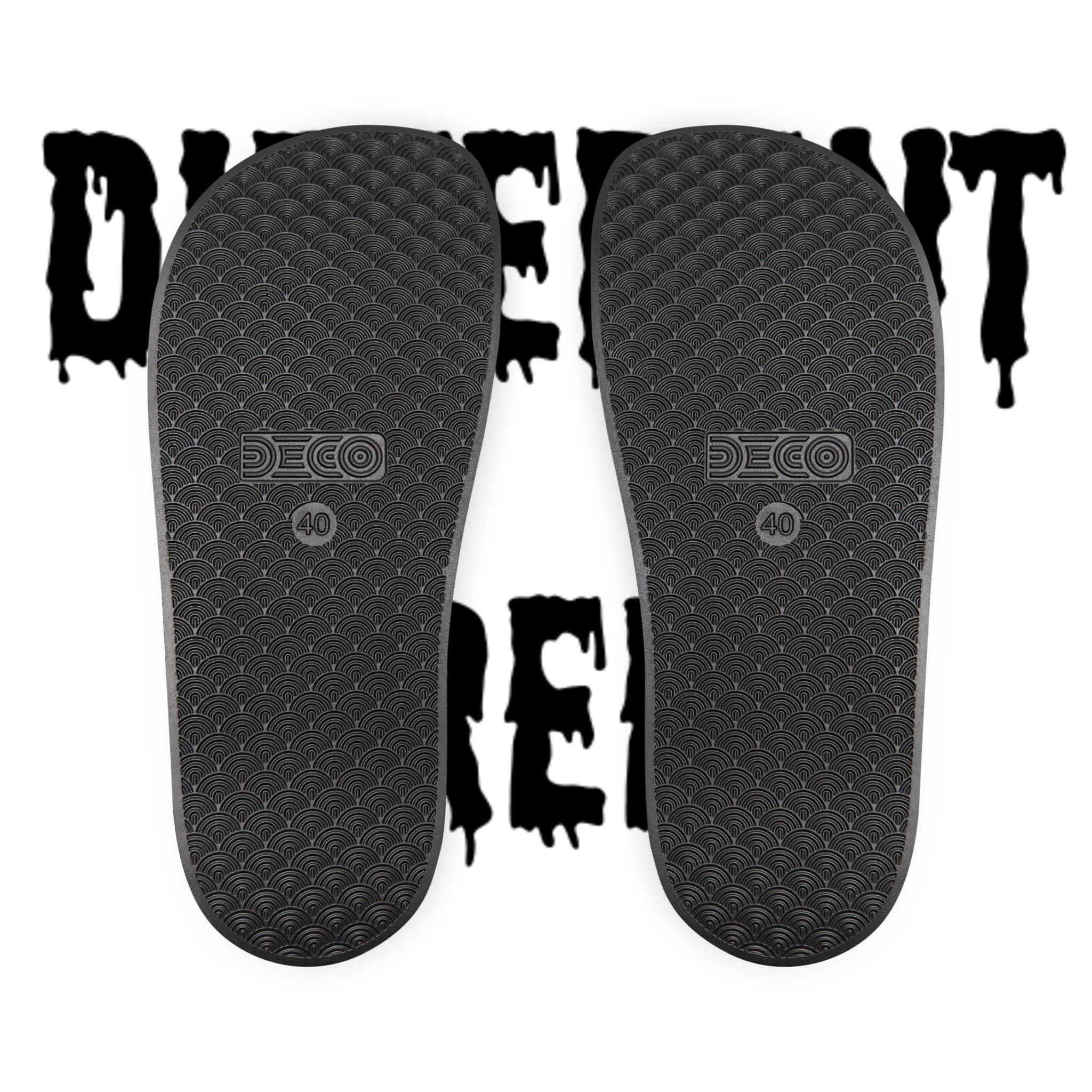 Slide Sandals — Black Printed "Peace & Shh" Straps, Removable‑Strap Pool Slides