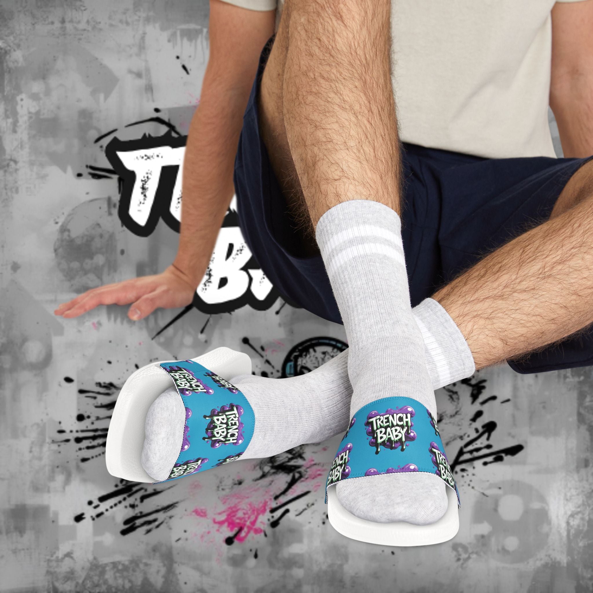 Men's Graphic Slide Sandals — 'Trench Baby' Blue Pattern Removable-Strap Slides