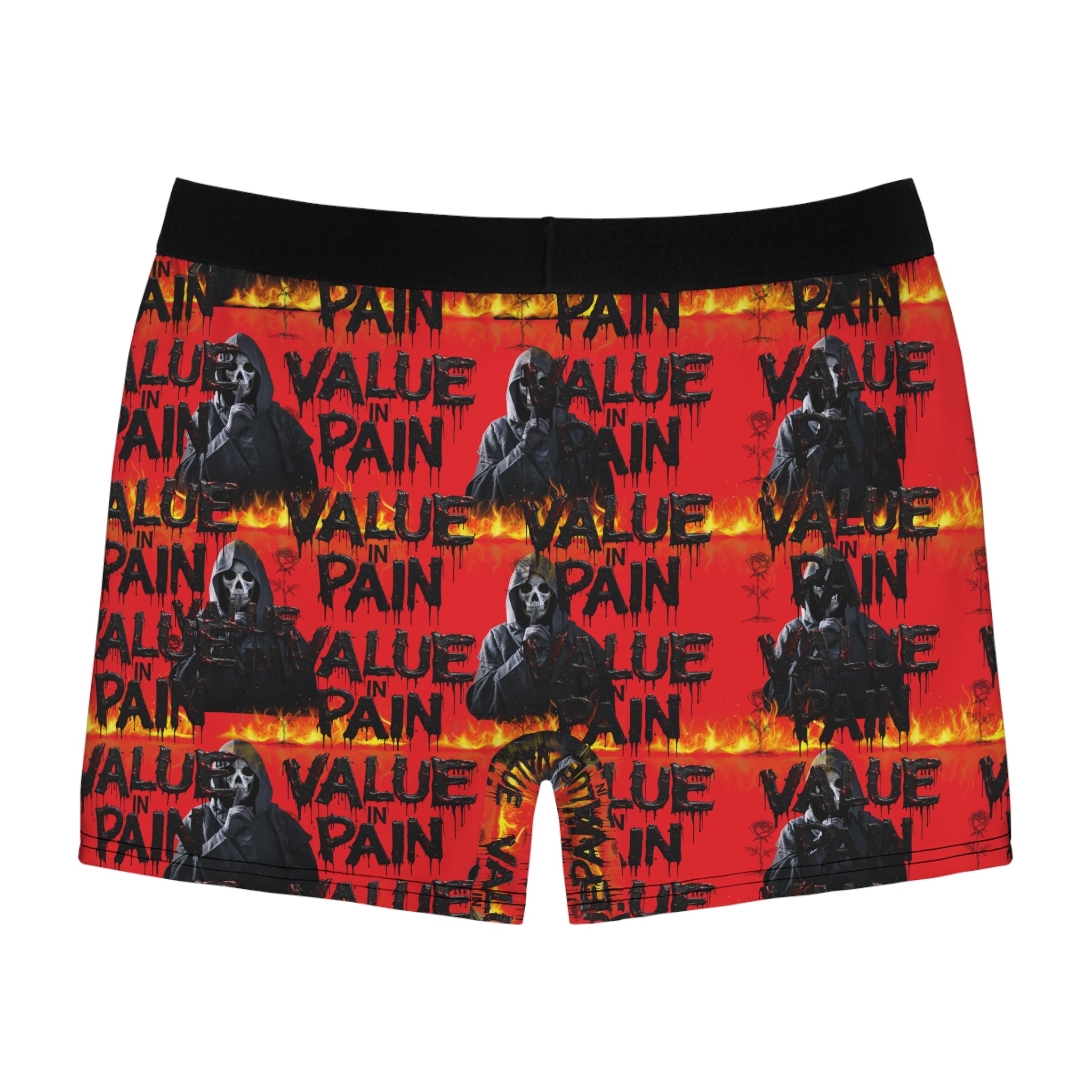 Men's Boxer Briefs — Red Grim Reaper Flame Pattern with “VALUE PAIN” Text