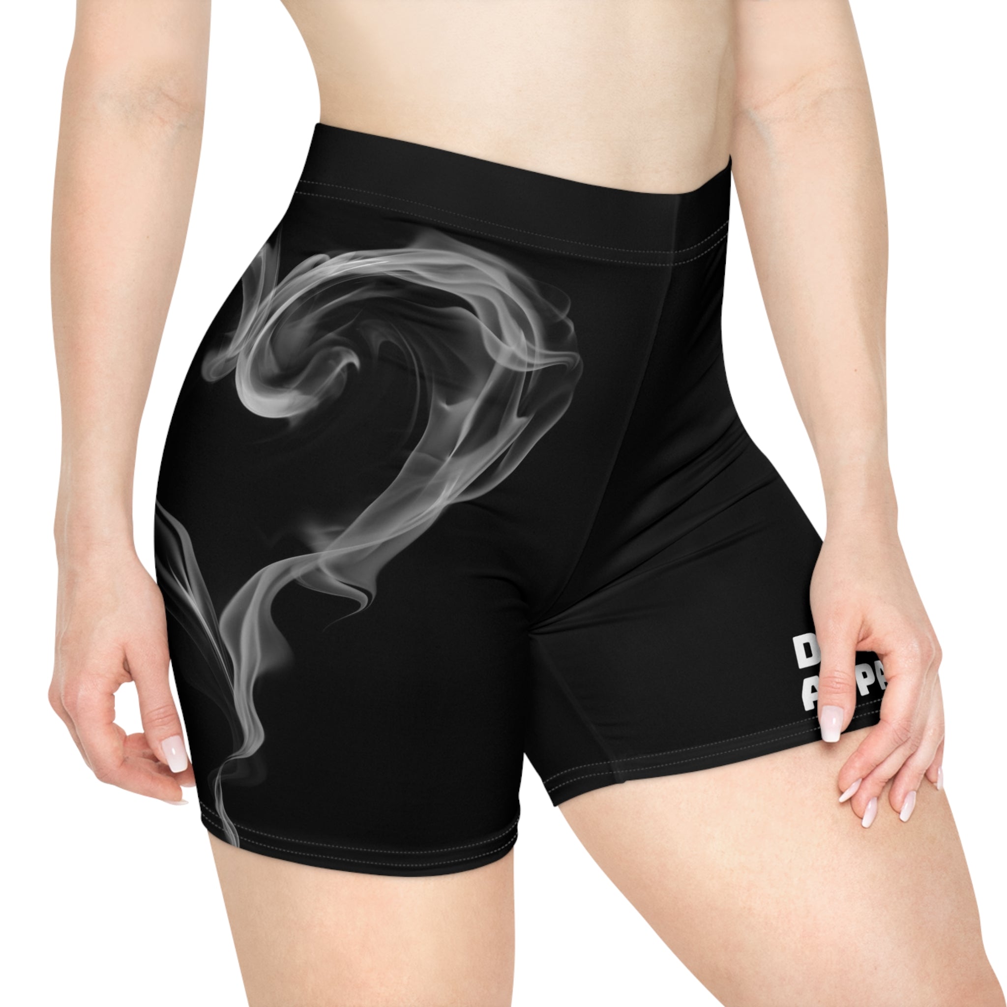 Women’s Biker Shorts – Blue & Black Split Design with Smoky Heart, "Different Apparel" Text
