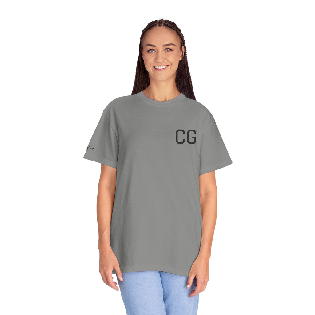 CG Chest Logo T‑Shirt — Minimalist White Tee with Sleeve Patch