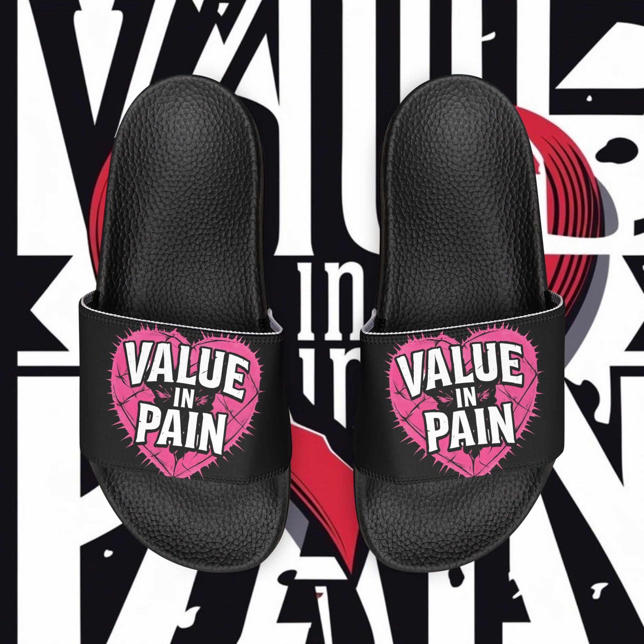 Slide Sandals — “Value in Pain” Graphic Pool Slides