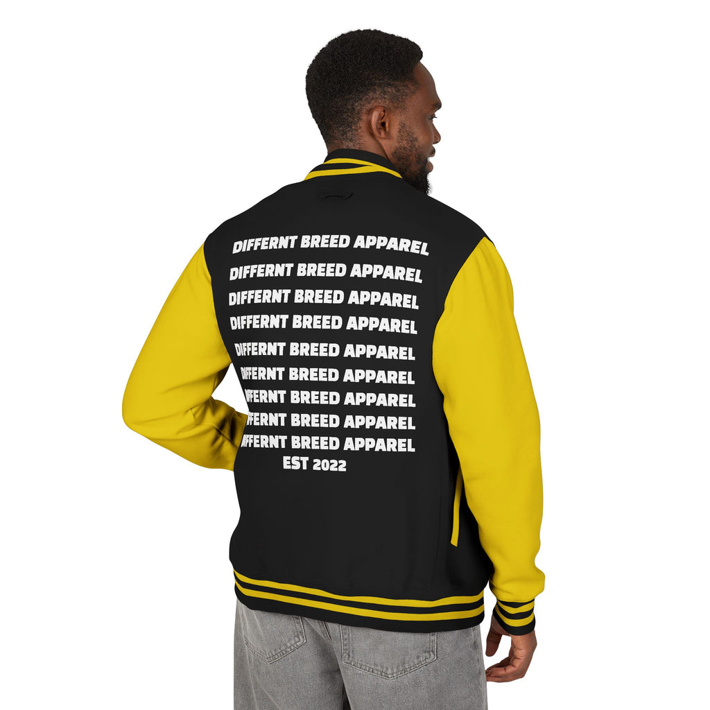 Letterman Jacket — Small Neon Portrait Patch & Repeated 'Different Breed Apparel' Back Print