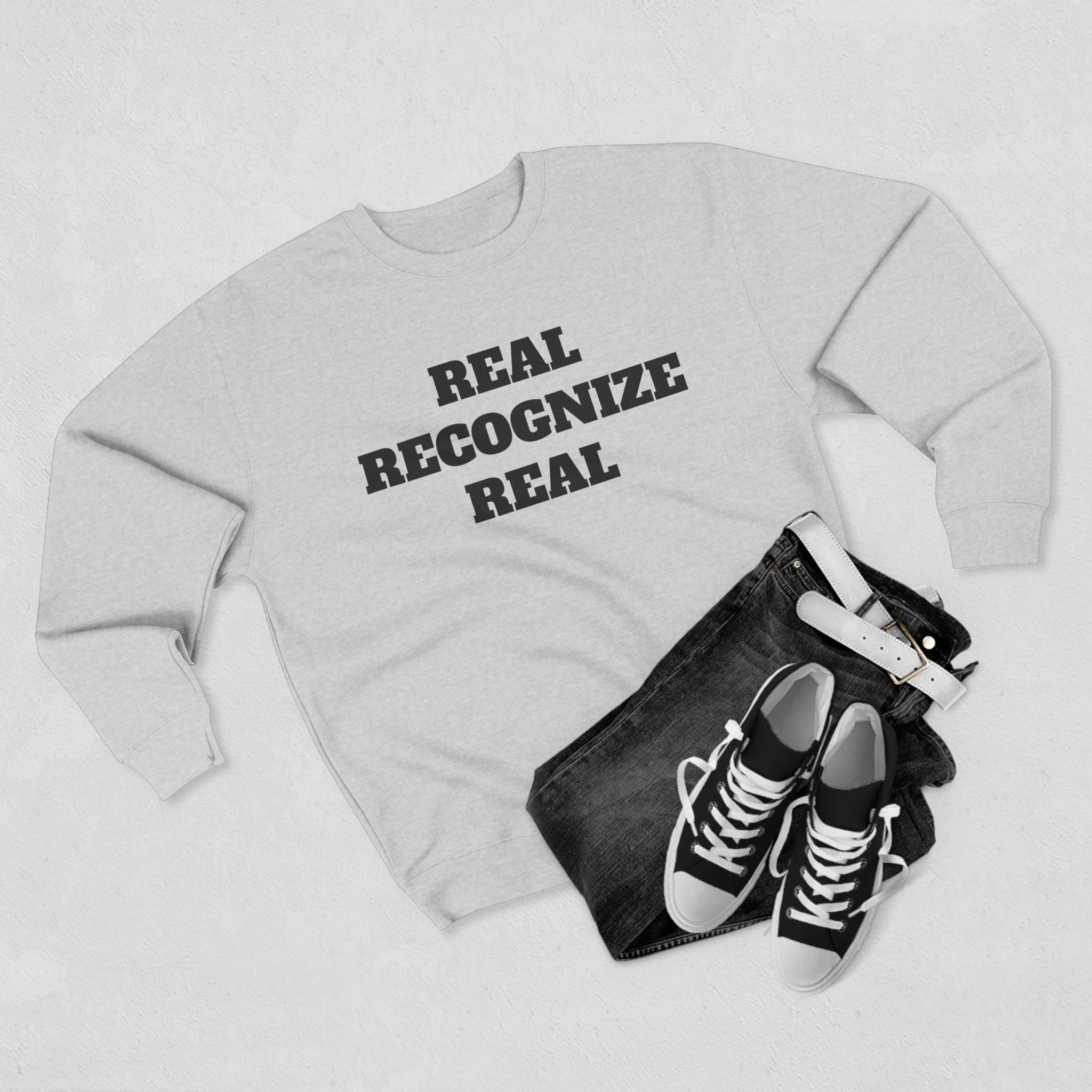 Crewneck Sweatshirt — "Real Recognize Real" Retro Triple R Graphic