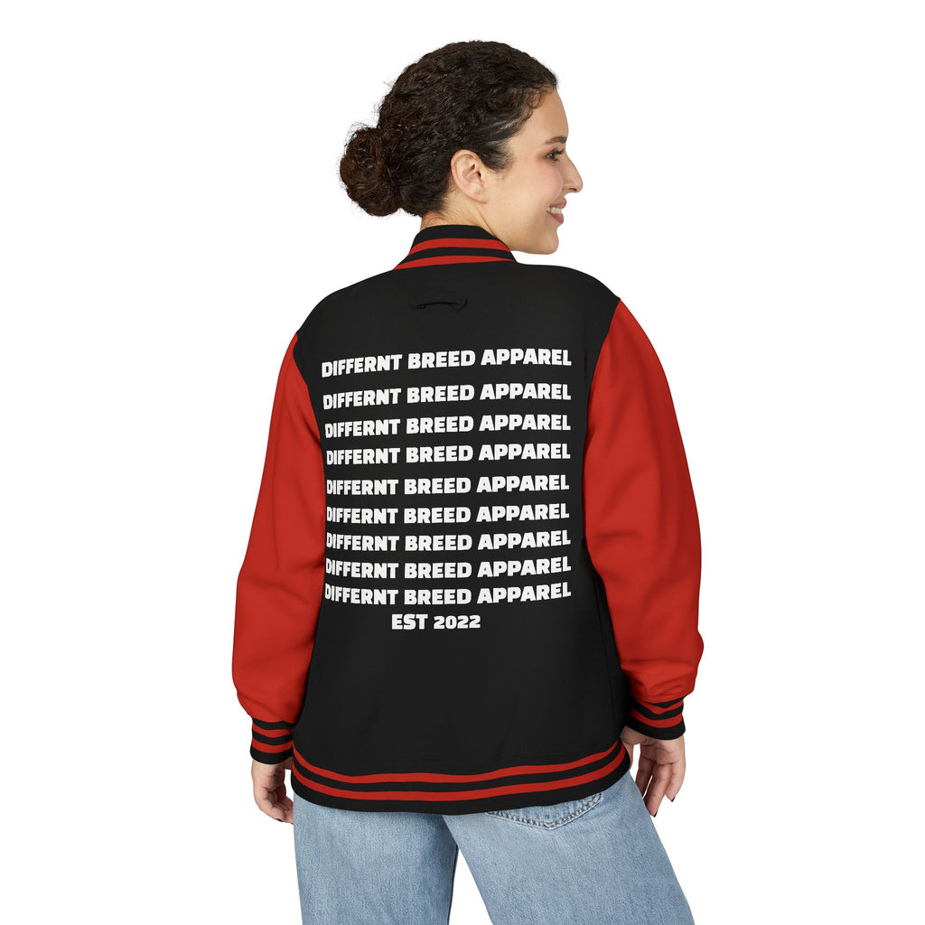 Letterman Jacket — Small Neon Portrait Patch & Repeated 'Different Breed Apparel' Back Print