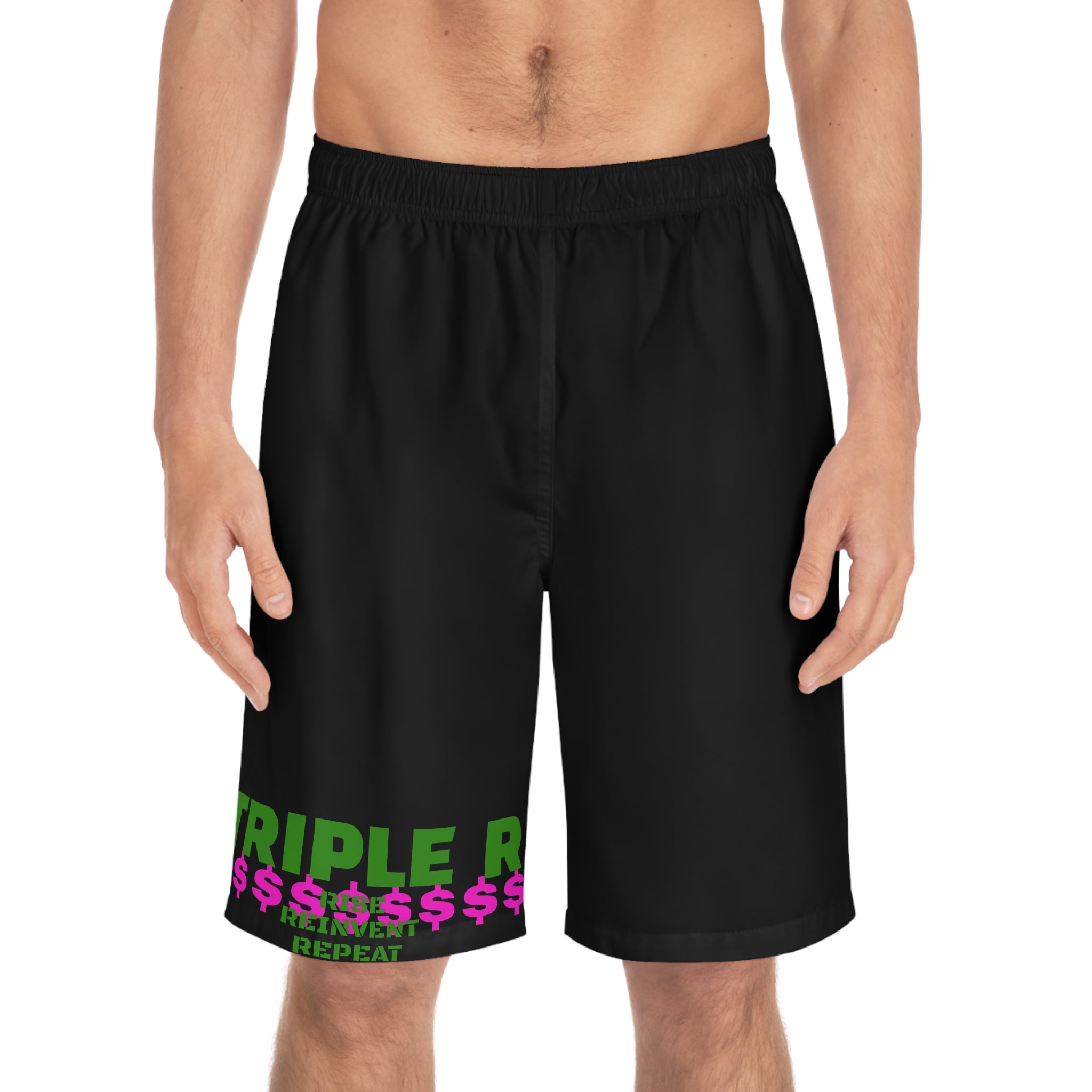 Board Shorts - "TRIPLE R: Reinvent, Repeat" Graphic Swim Trunks [ WANDA]