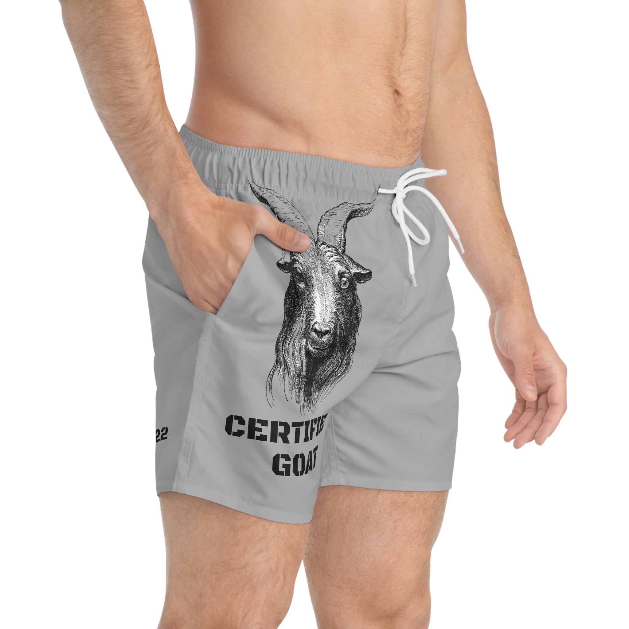 Certified Goat Swim Trunks — Novelty Beach Shorts with Goat Graphic