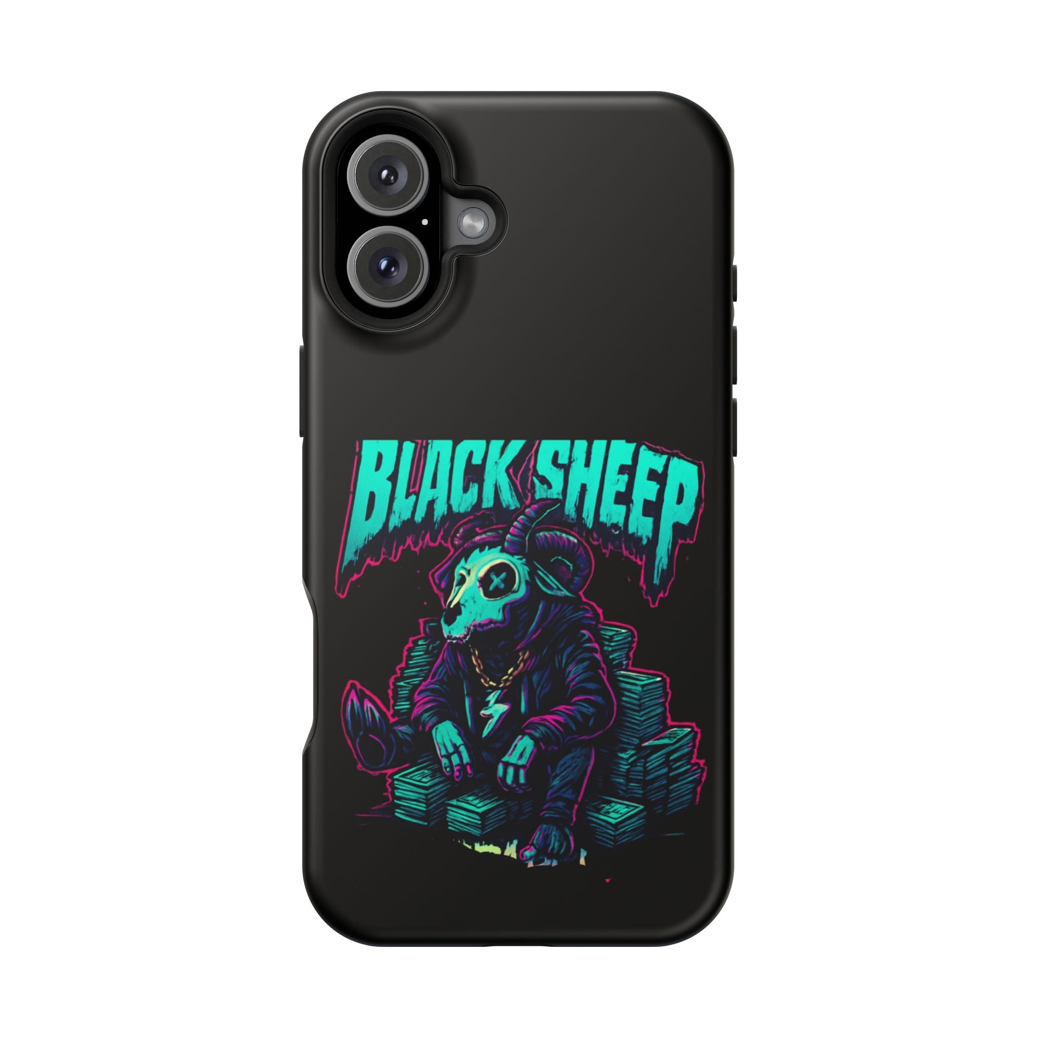 Impact-Resistant Phone Case — “Black Sheep” Neon Skull Design