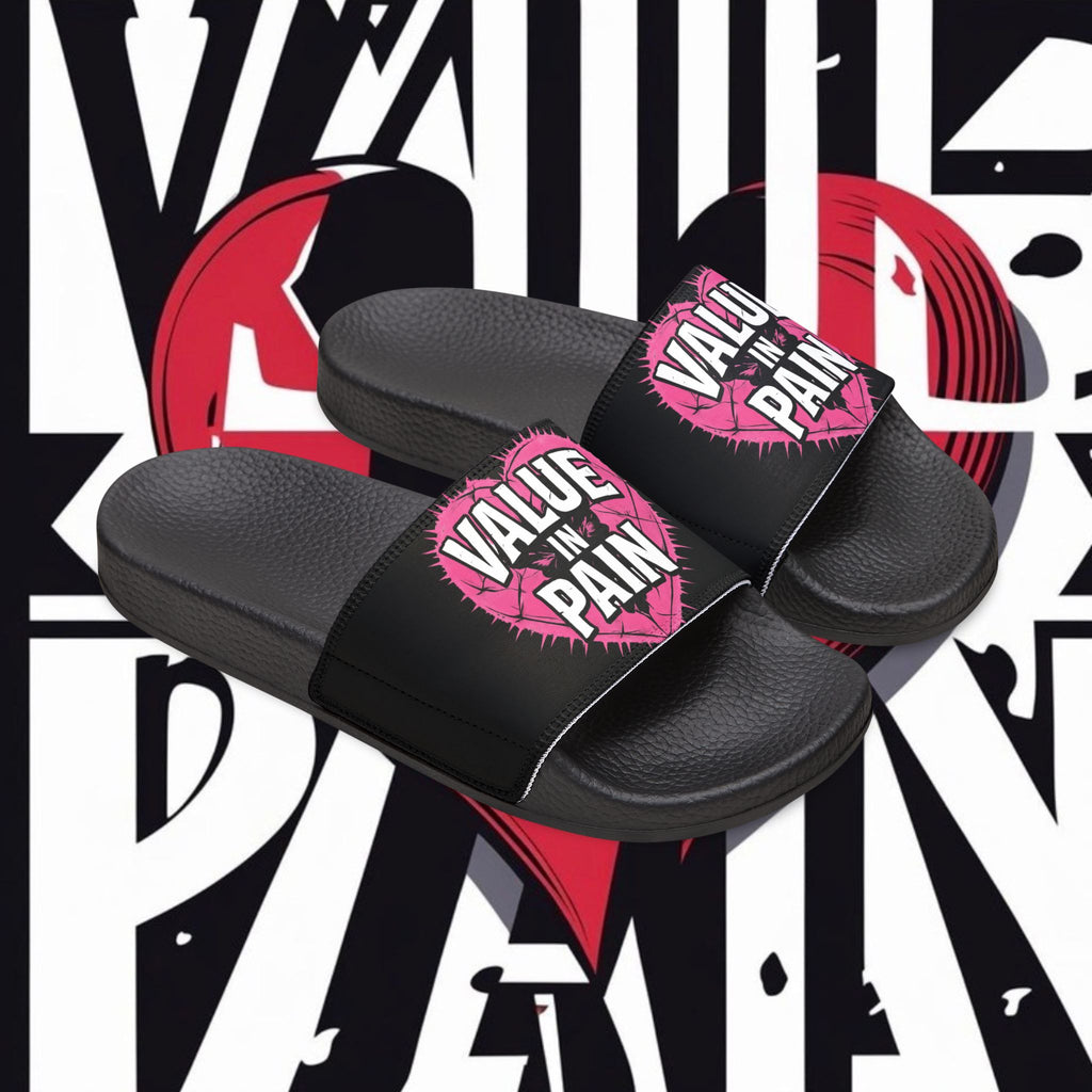 Slide Sandals — “Value in Pain” Graphic Pool Slides