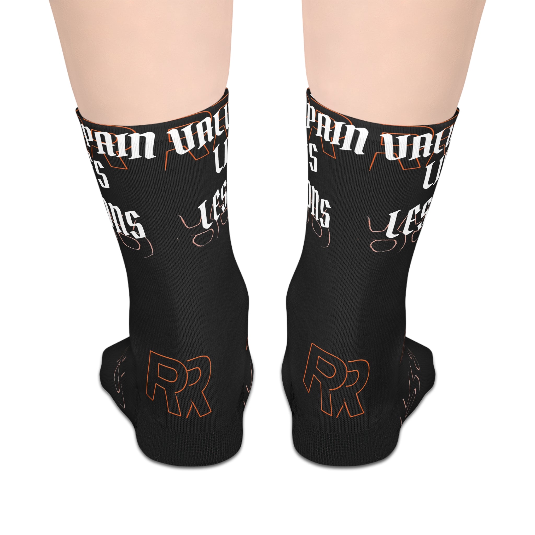 Black Mid-Length Socks with Gothic "Pain Valu[s?] Less" Text – Edgy Streetwear Crew Socks