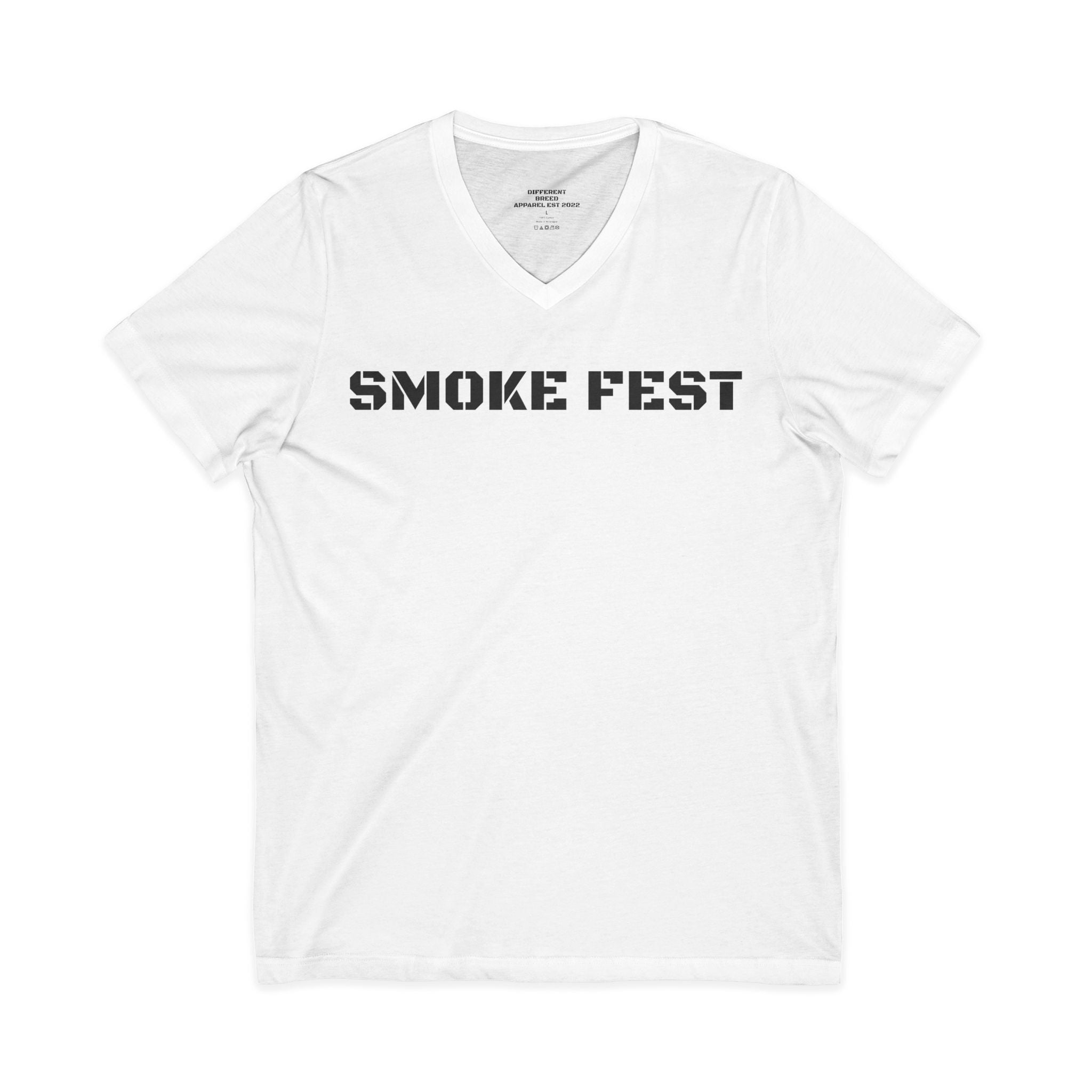 Smoke Fest V-Neck Tee — Bold Stencil Text T-Shirt for BBQ & Festival Fans