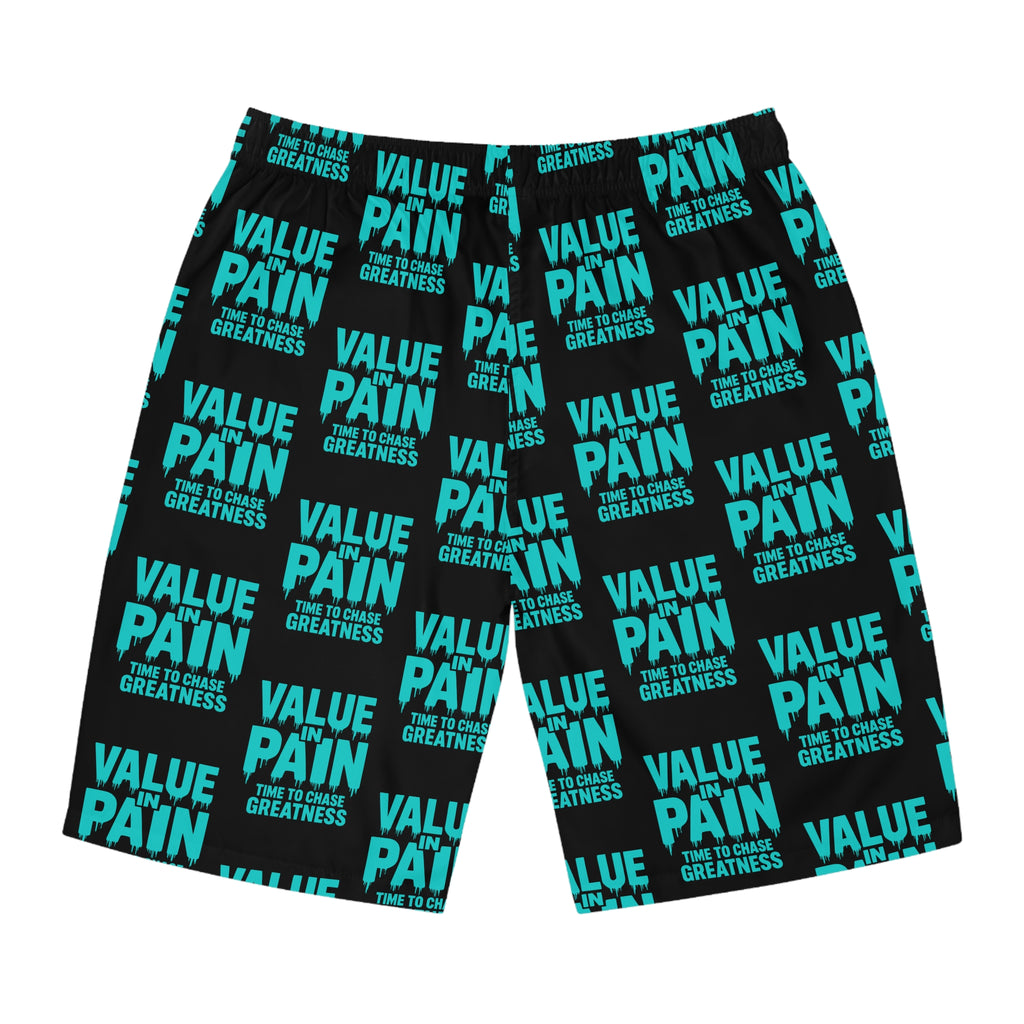 Board Shorts — 'Black Sheep' Graphic All-Over Print Swim Trunks with 'Value in Pain' Pattern