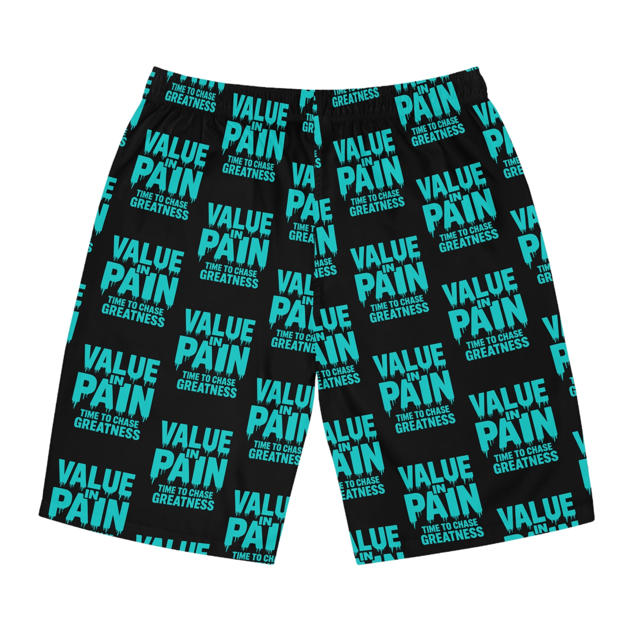 Board Shorts — 'Black Sheep' Graphic All-Over Print Swim Trunks with 'Value in Pain' Pattern