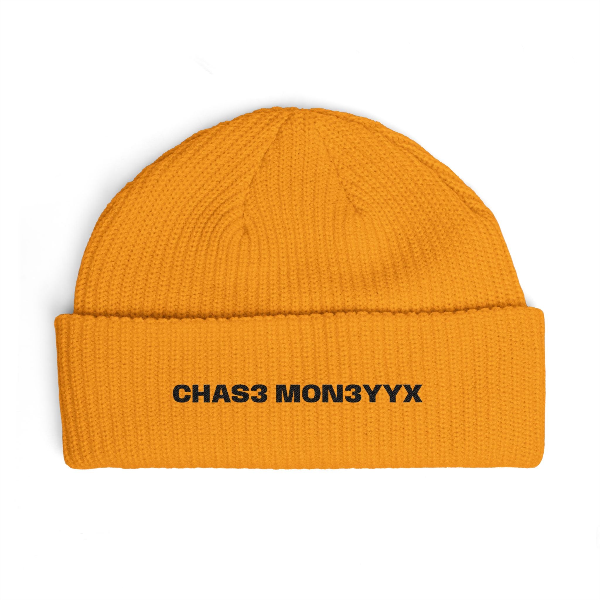Embroidered Cuff Beanie — "CHAS3 MON3YYYX" Knit Hat