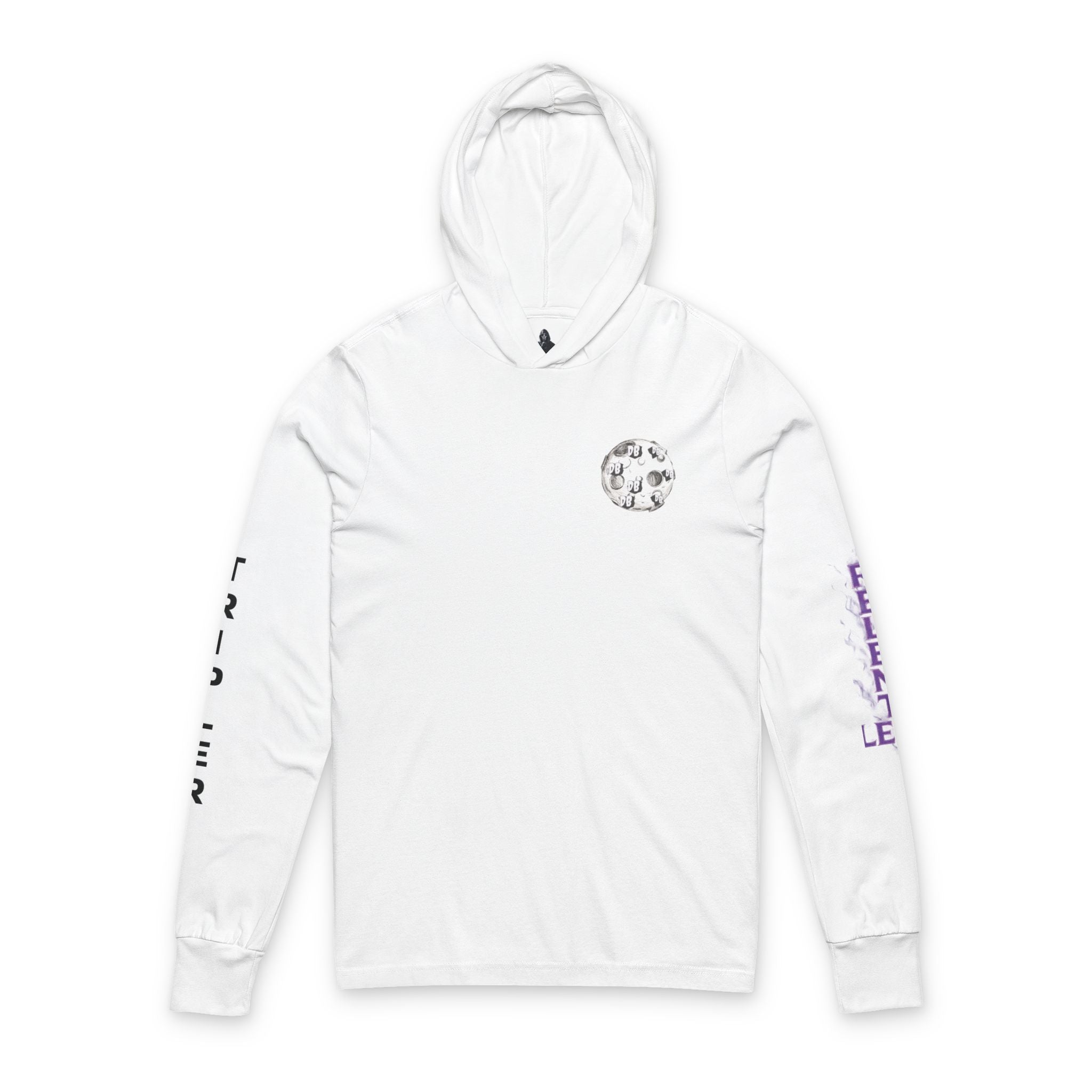 Hooded Long Sleeve Tee — Minimal Moon Graphic with Purple Sleeve Text