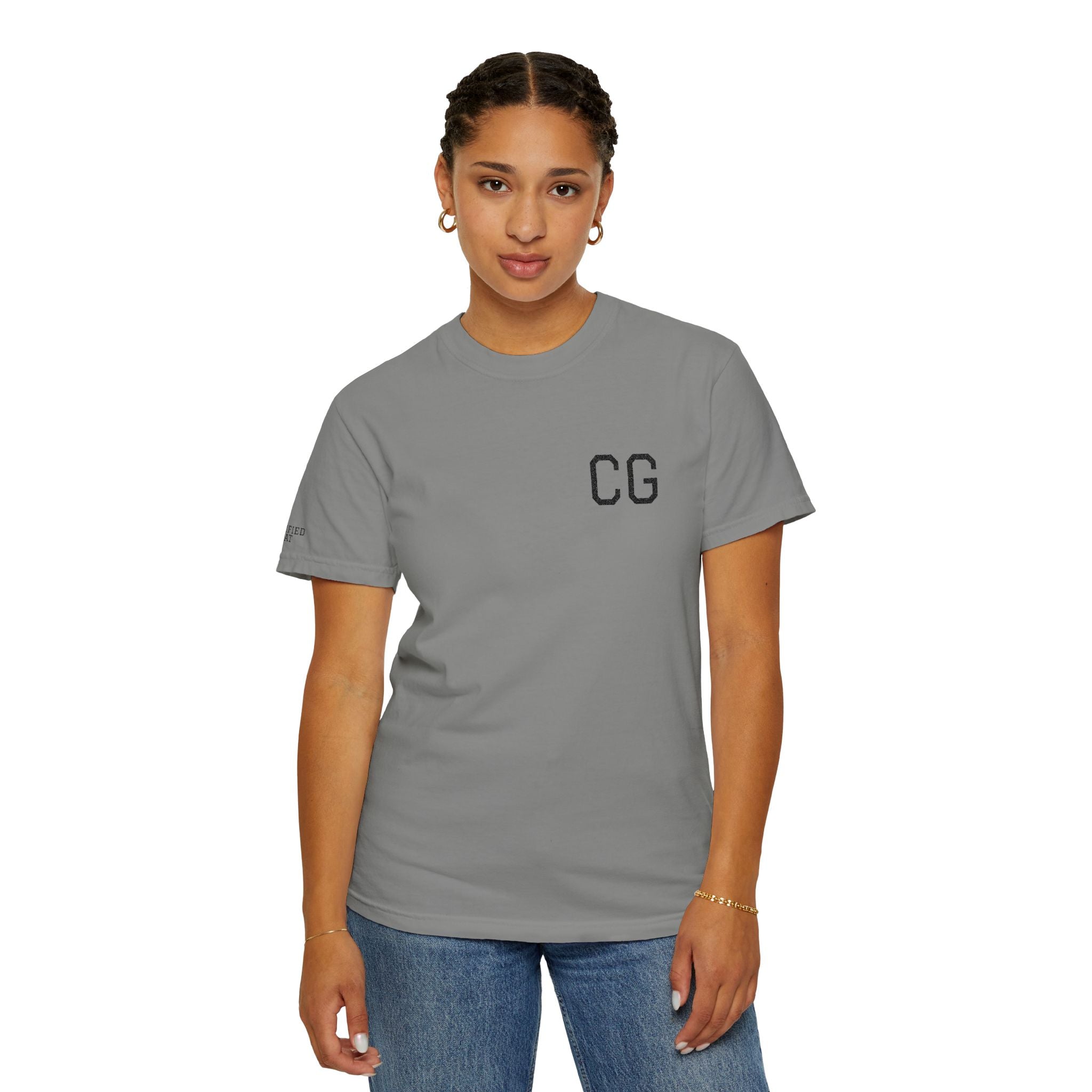 CG Chest Logo T‑Shirt — Minimalist White Tee with Sleeve Patch