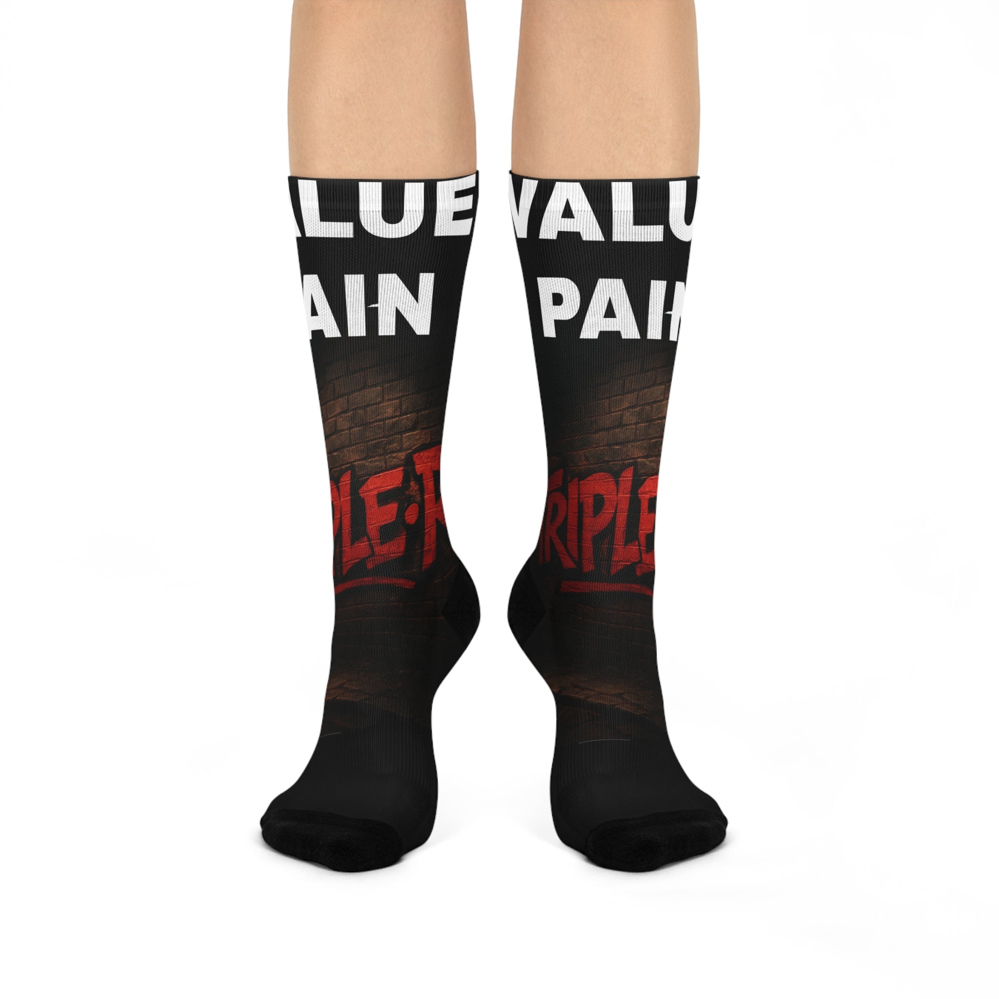 Cushioned Crew Socks — “Value Pain” Graphic Crew Socks with Red Grunge Lettering