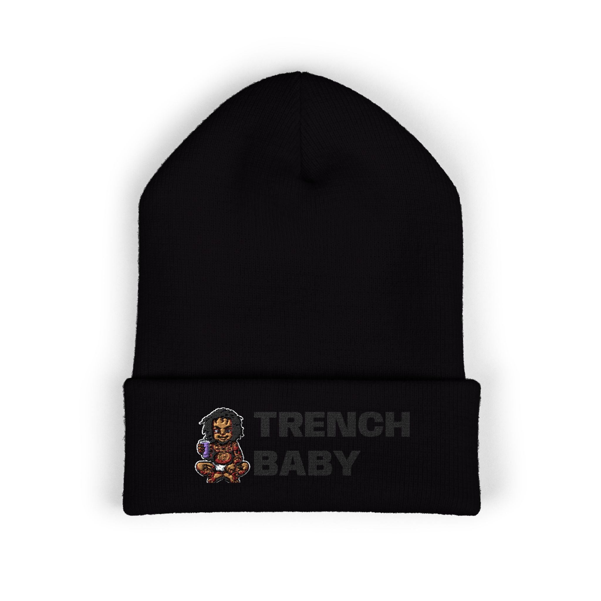 Trench Baby Embroidered Beanie — "Be True To Yourself" Cuffed Knit Hat
