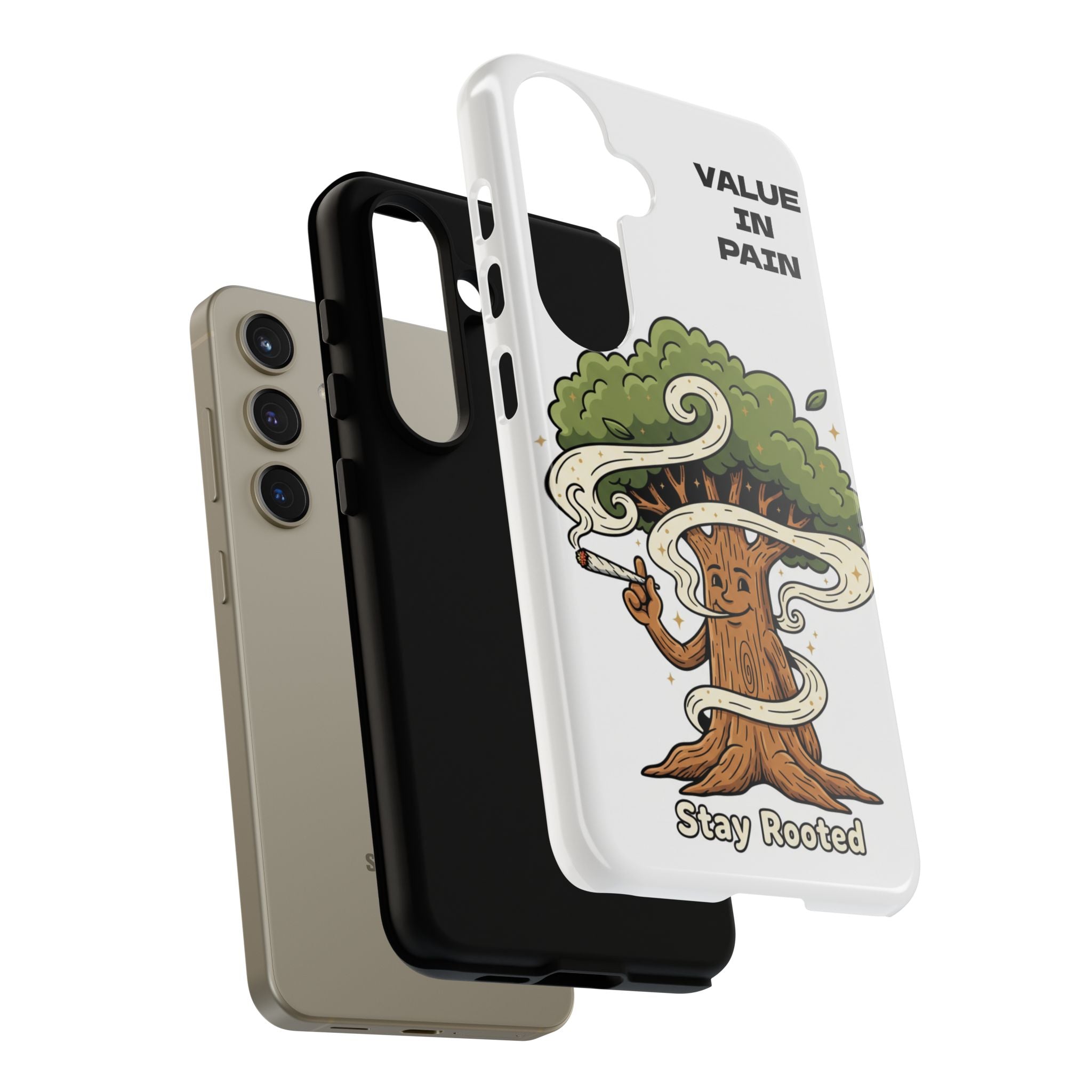 Phone Case — "Stay Rooted" Tree Design with "Value in Pain" Text