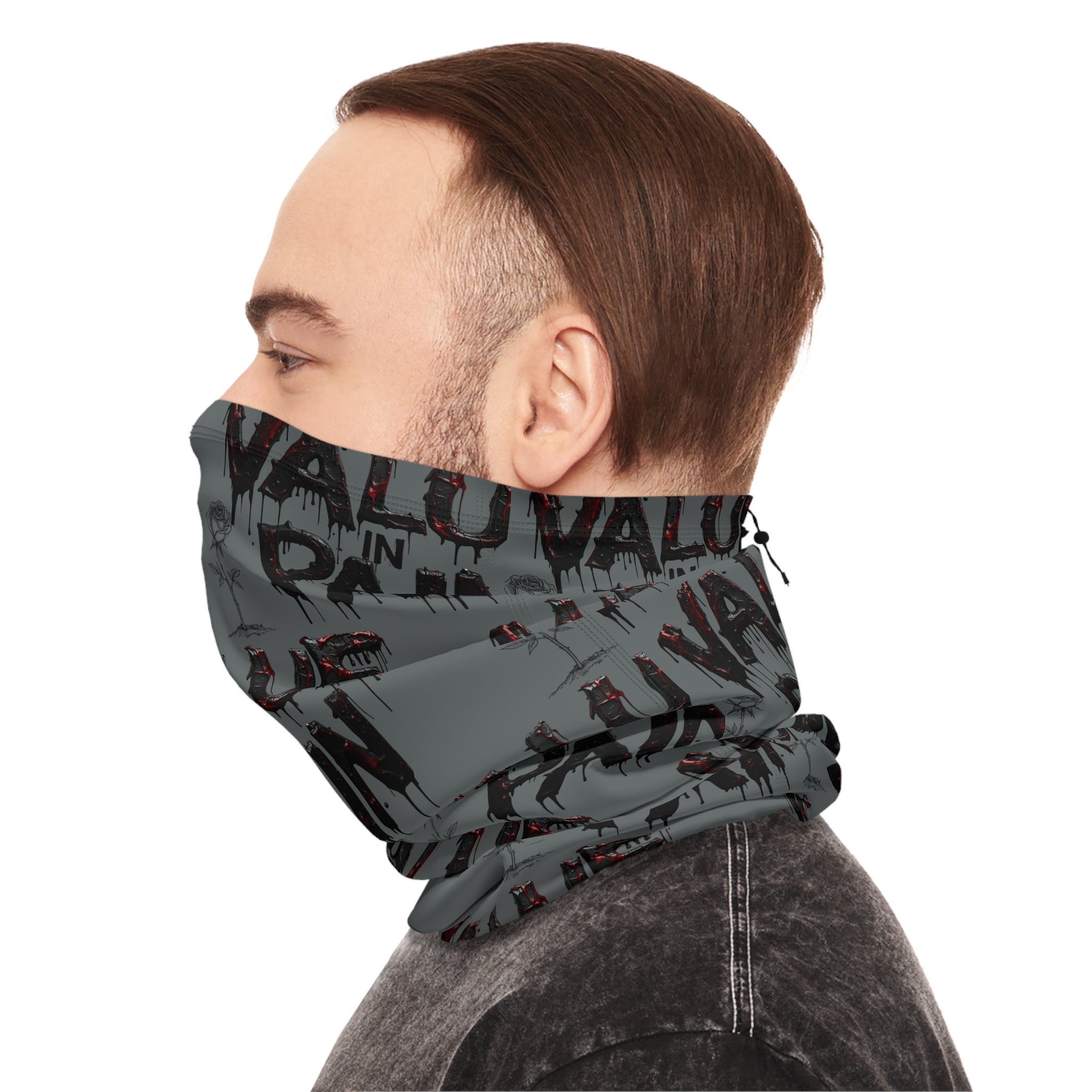 Value in Pain Winter Neck Gaiter — Gothic Text Pattern Face Mask Scarf