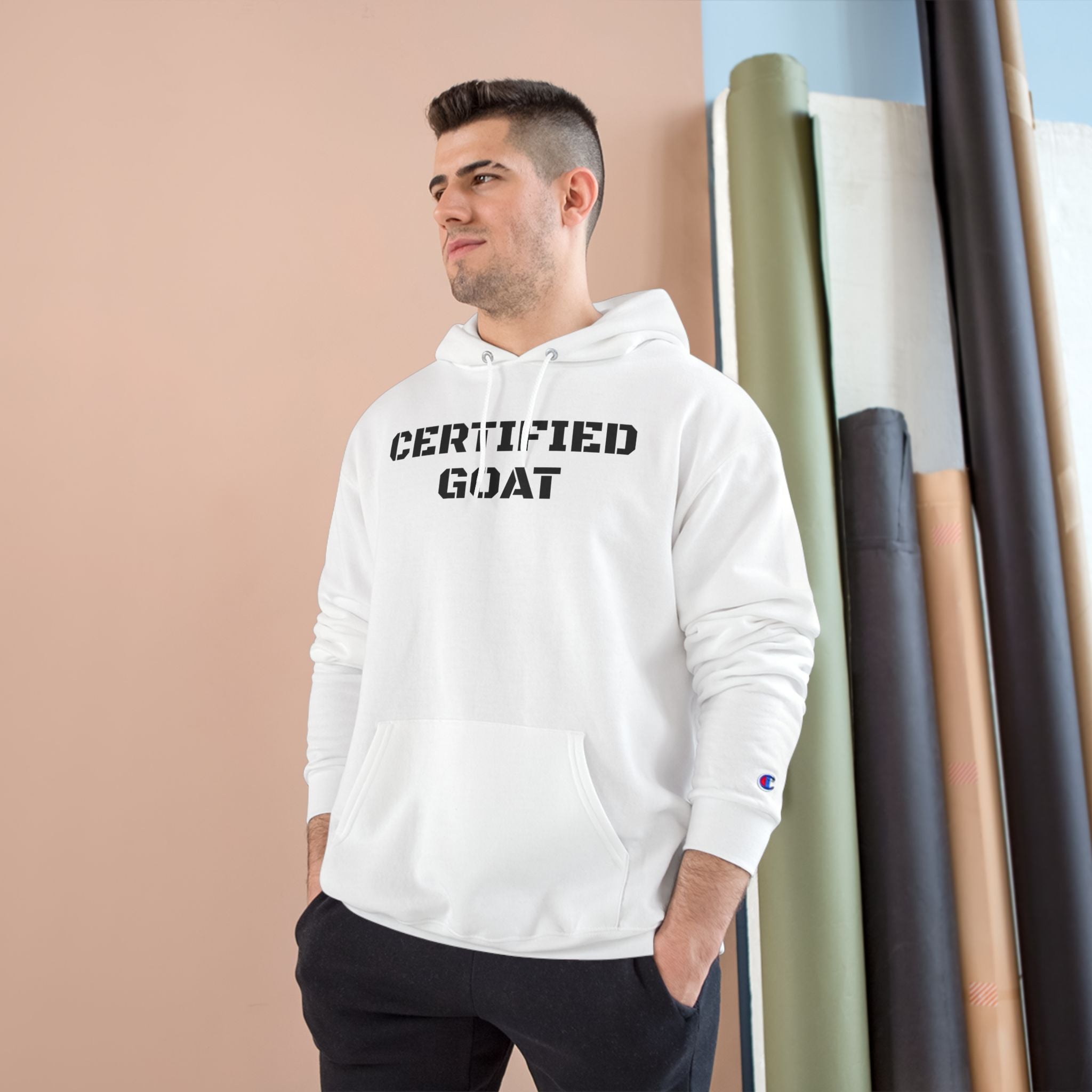 Certified Goat Hoodie — Champion Style Pullover with Front Text & Back Goat Portrait