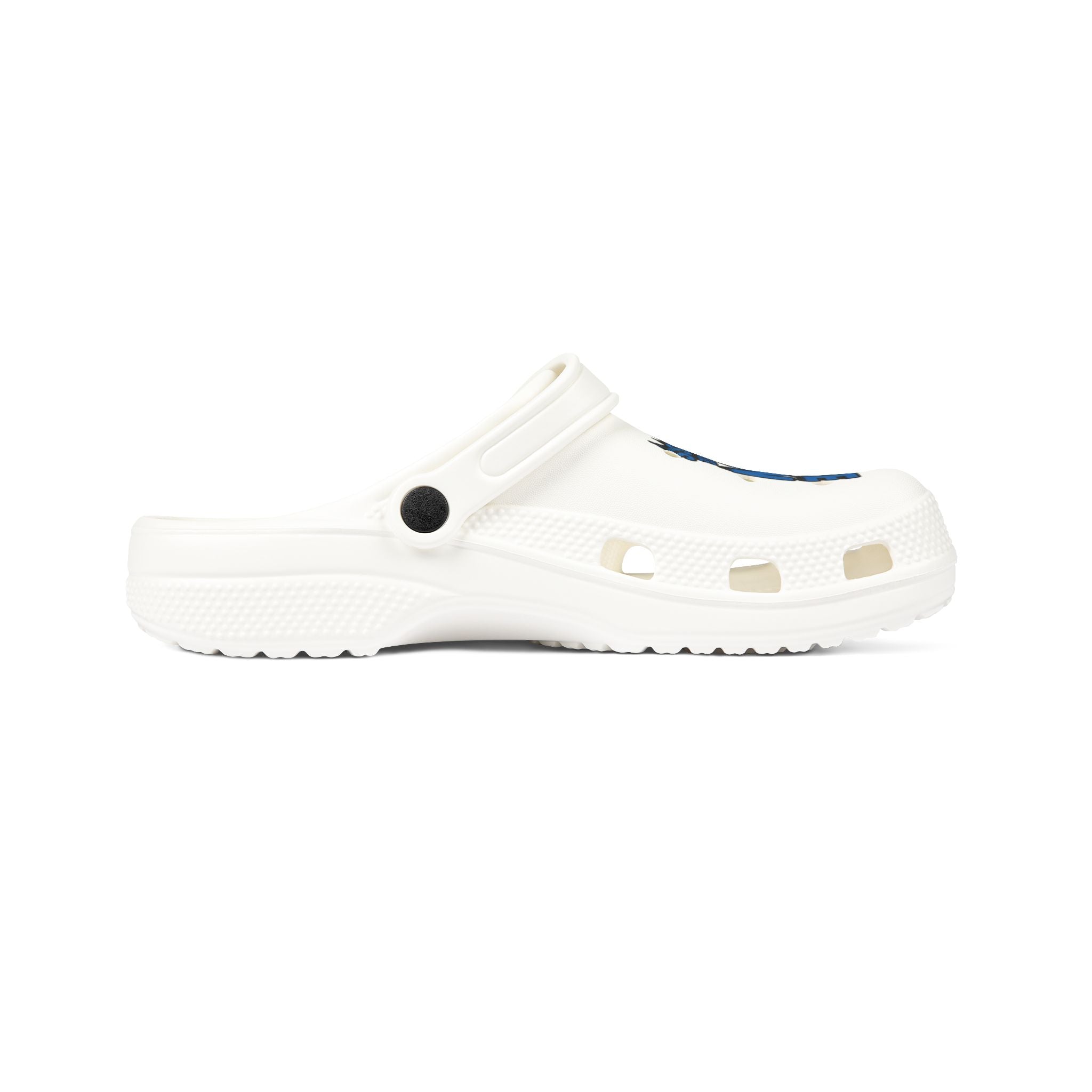White EVA Foam Clogs with 'Value Panic' Blue Graphic — Comfortable Slip-On Shoes