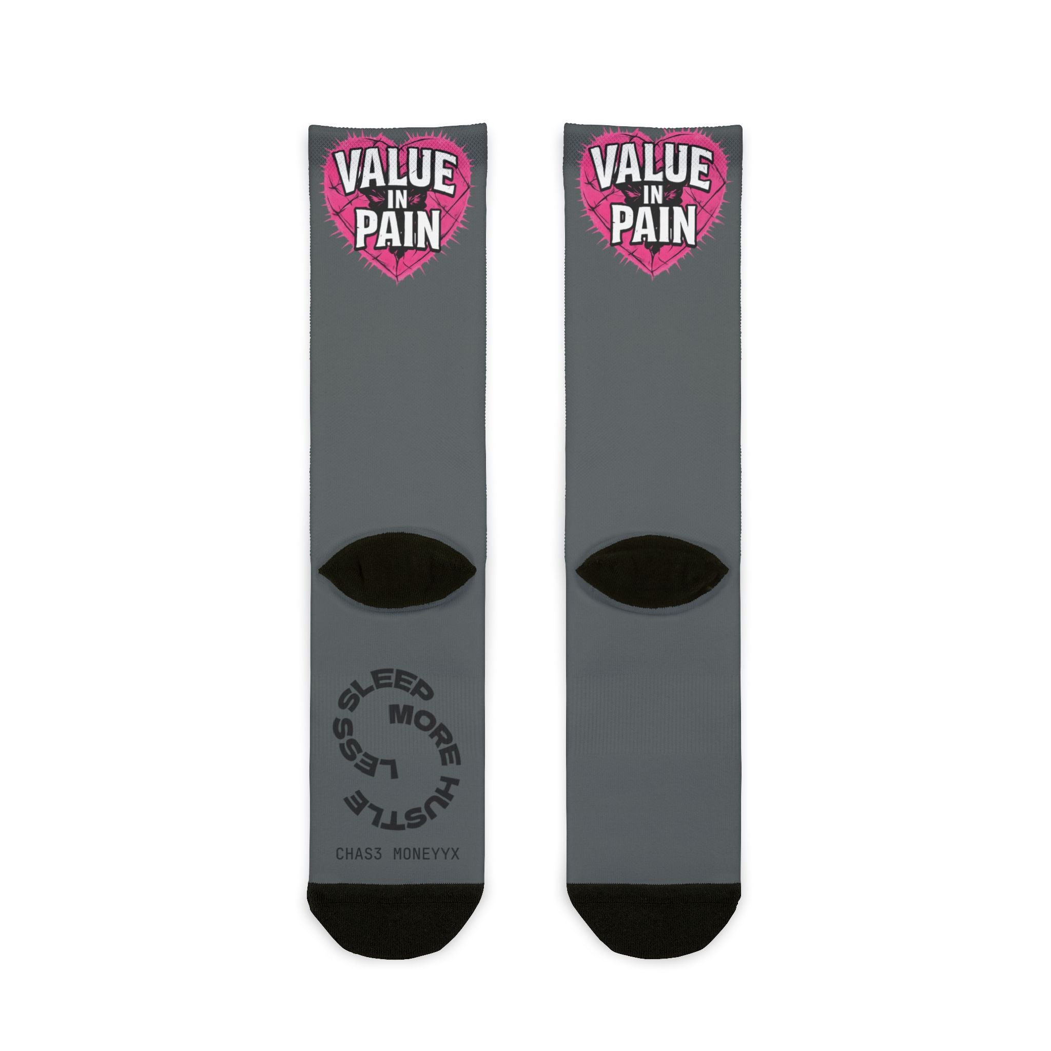 Value In Pain Crew Socks – Grey Sublimation Athletic Socks with Pink Heart Logo