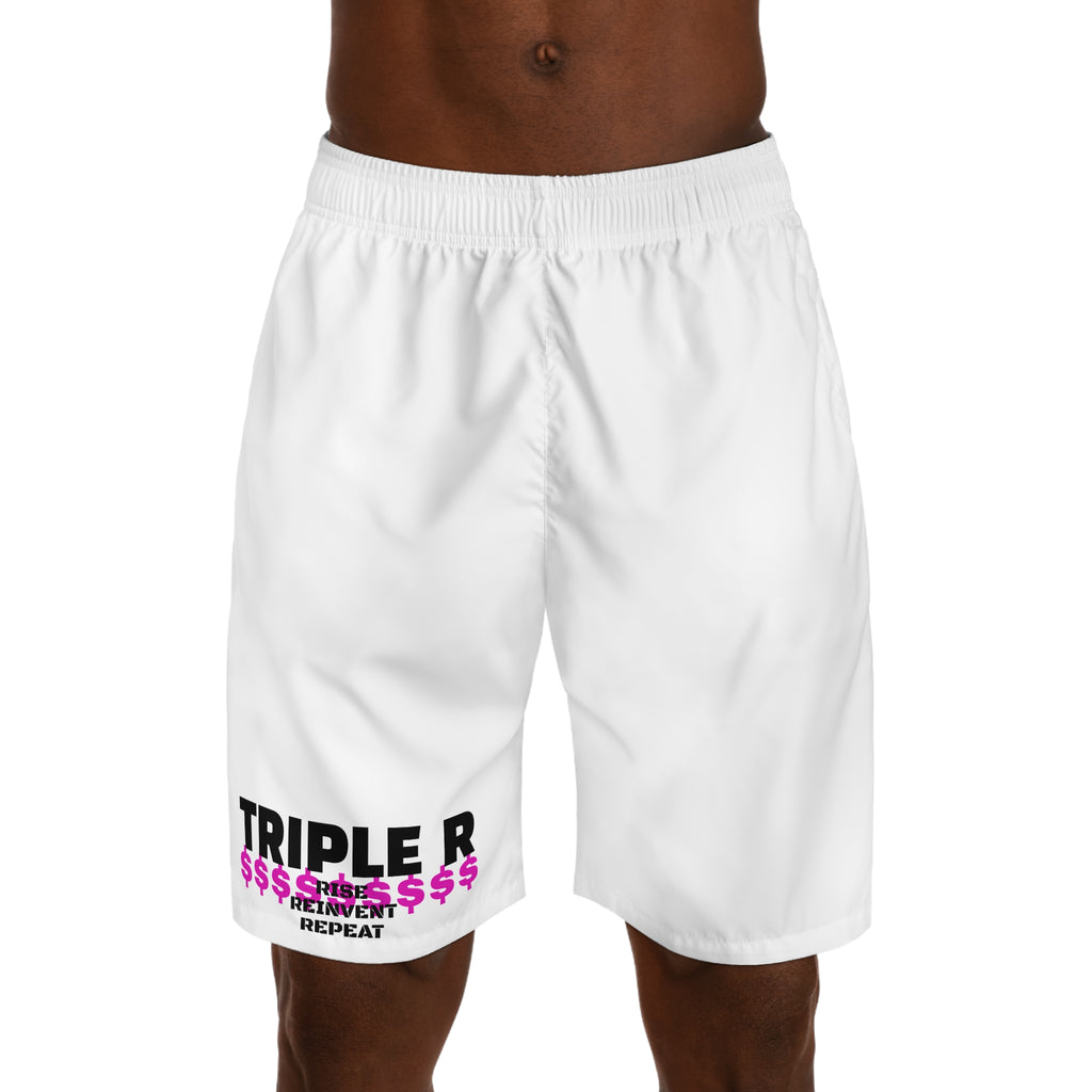 Jogger Shorts — 'TRIPLE R' Bold Logo White Athletic Shorts with Pink Dollar Print