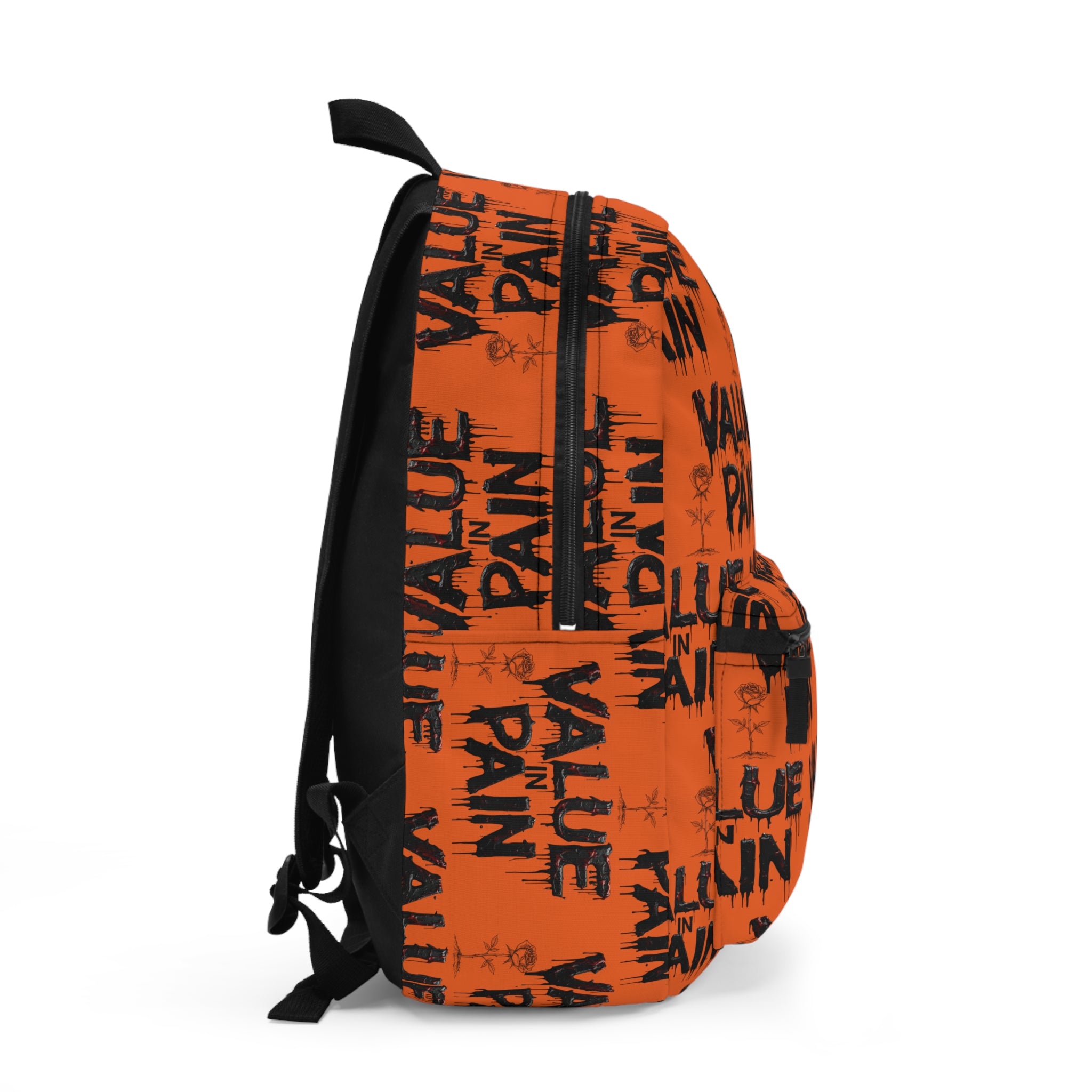 Backpack — Orange "Value in Pain" Graphic Backpack, Edgy Streetwear School Bag