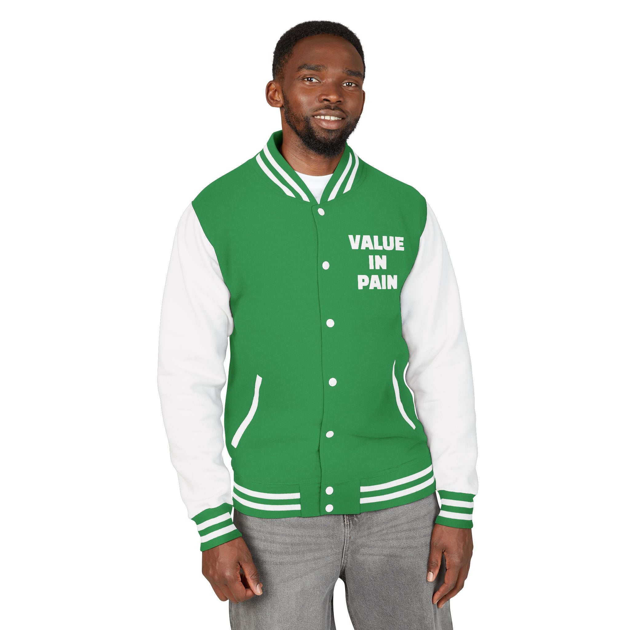 Letterman Jacket — Small Neon Portrait Patch & Repeated 'Different Breed Apparel' Back Print