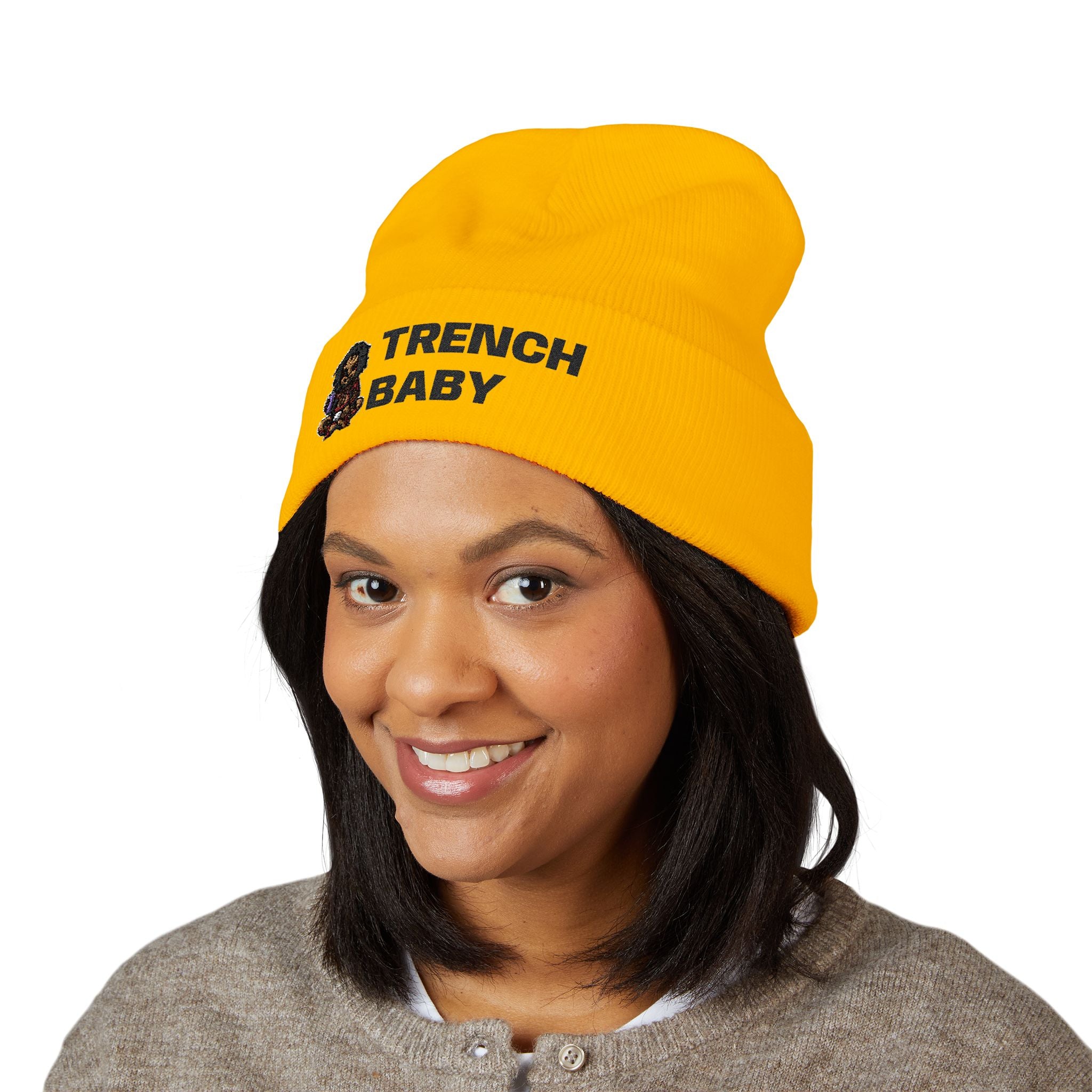 Trench Baby Embroidered Beanie — "Be True To Yourself" Cuffed Knit Hat