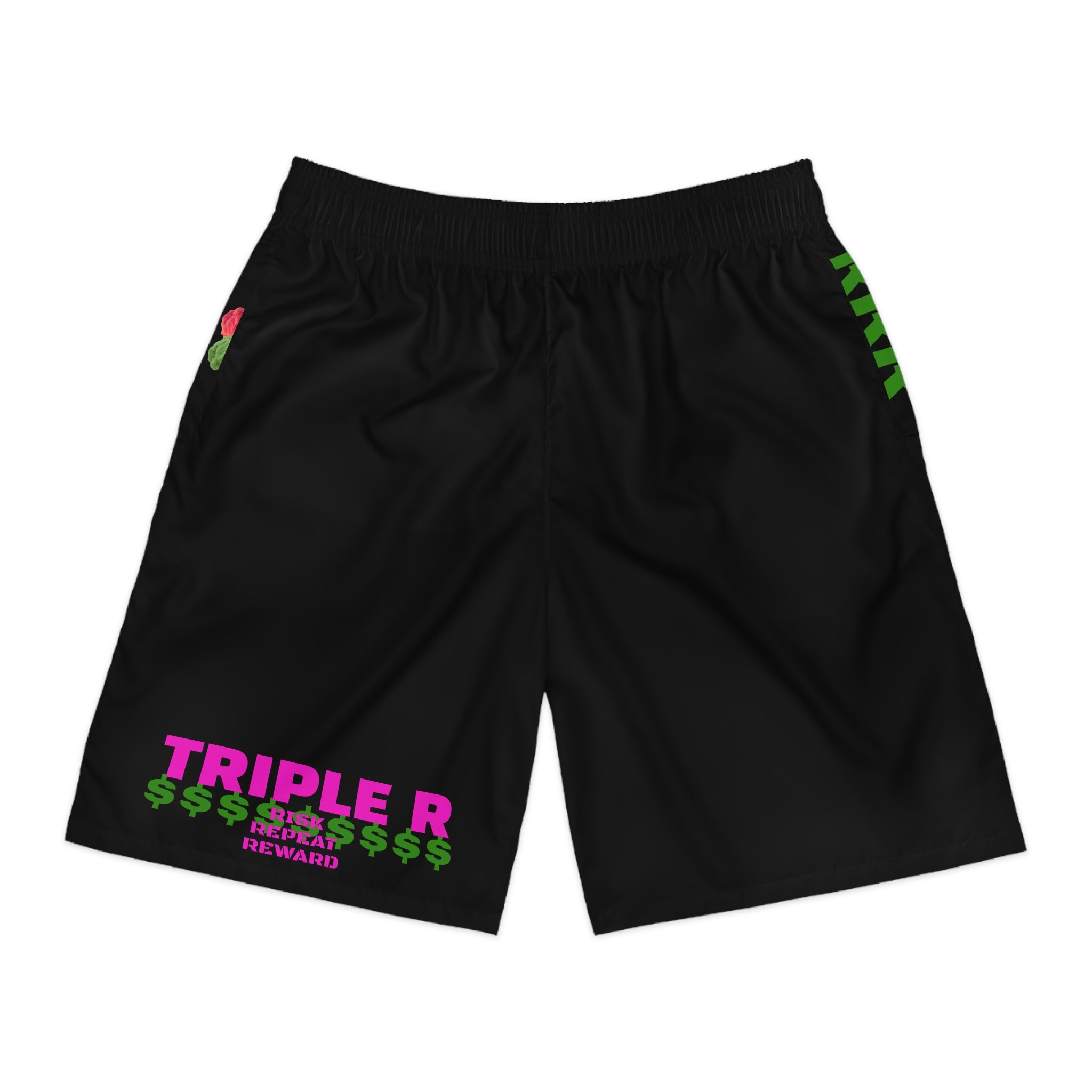 Men's Black Streetwear Jogger Shorts with Dollar Sign & Neon Accents