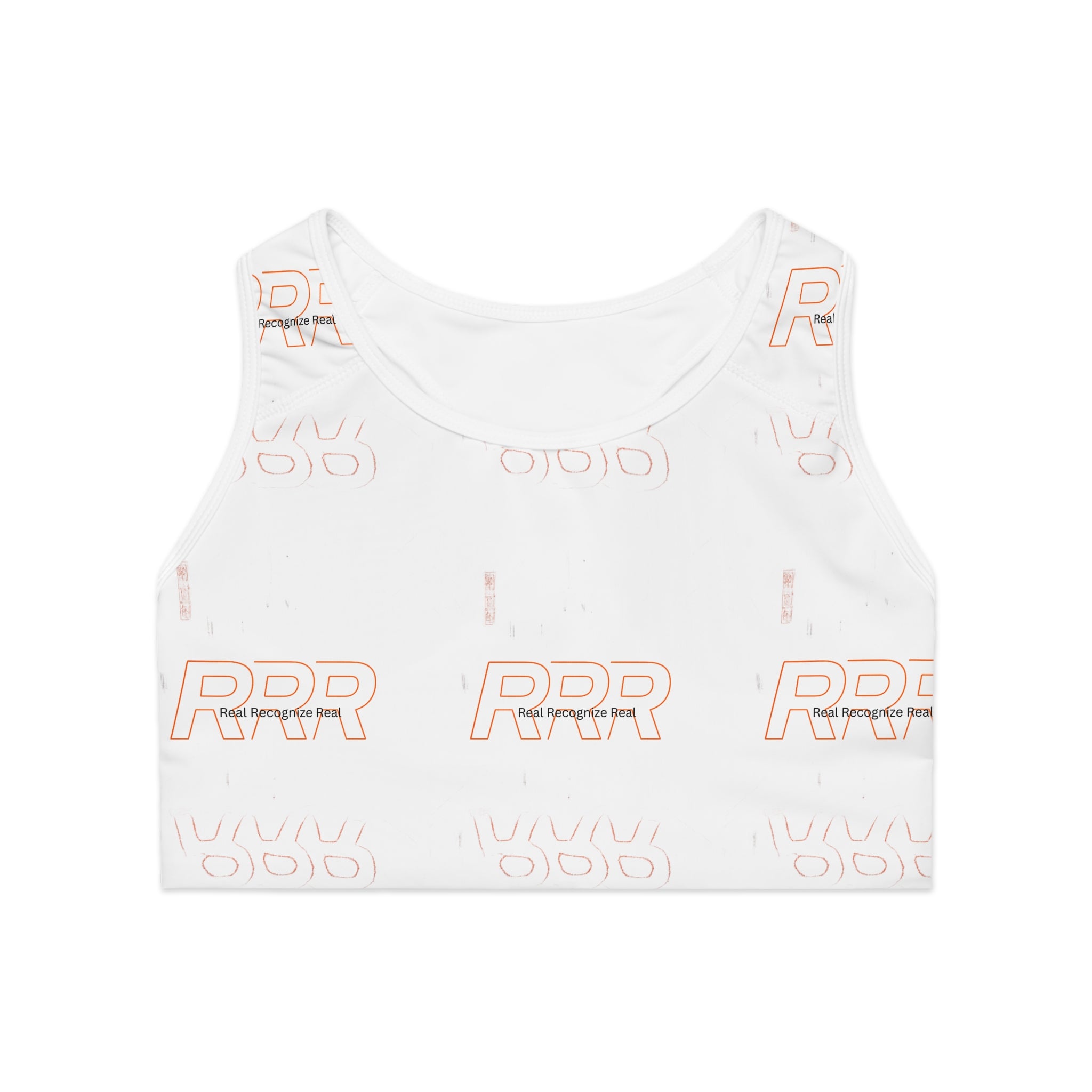 White 'PPR' Logo All-Over-Print Sports Bra — Lightweight Athletic Crop Top [REAL RECOGNIZE REAL]