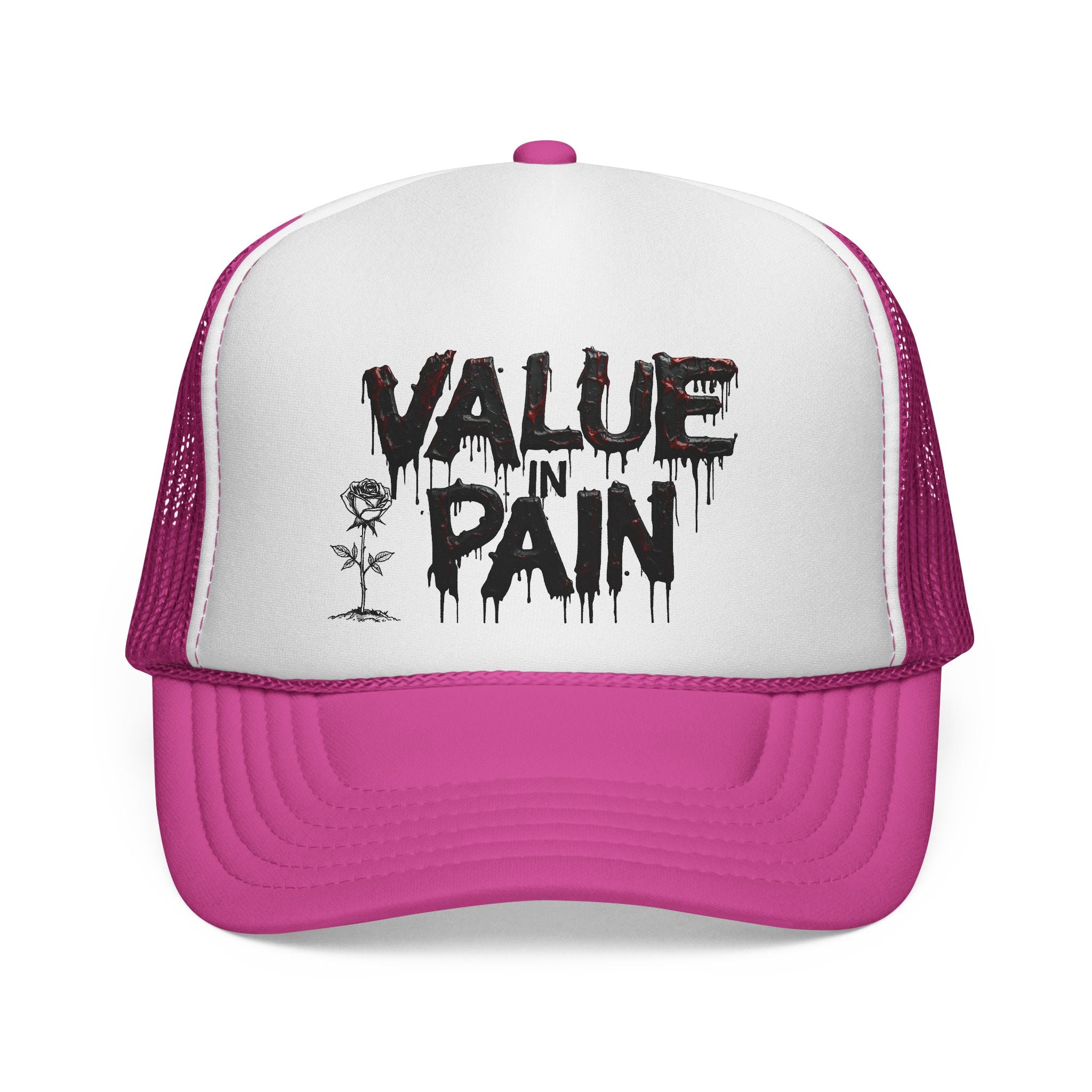 Value in Pain Trucker Cap — Gothic Grunge Mesh Hat with Dripping Text & Rose