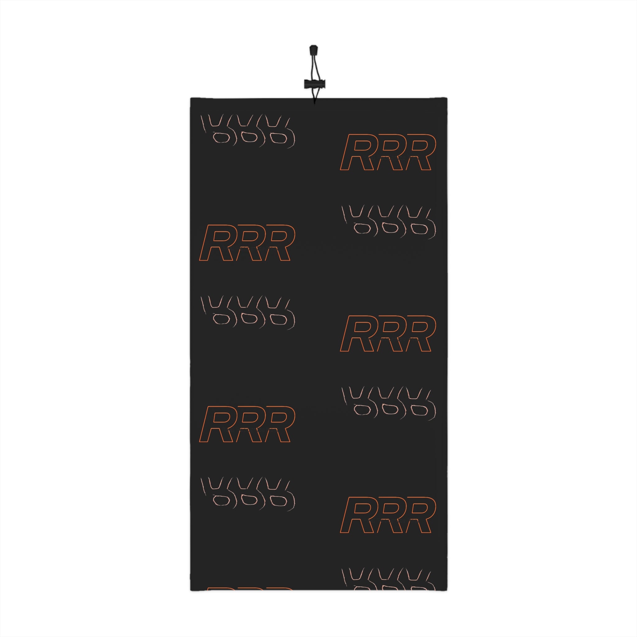 Black Winter Neck Gaiter with Drawstring — Repeating “RRR” Logo Cold-Weather Face Mask