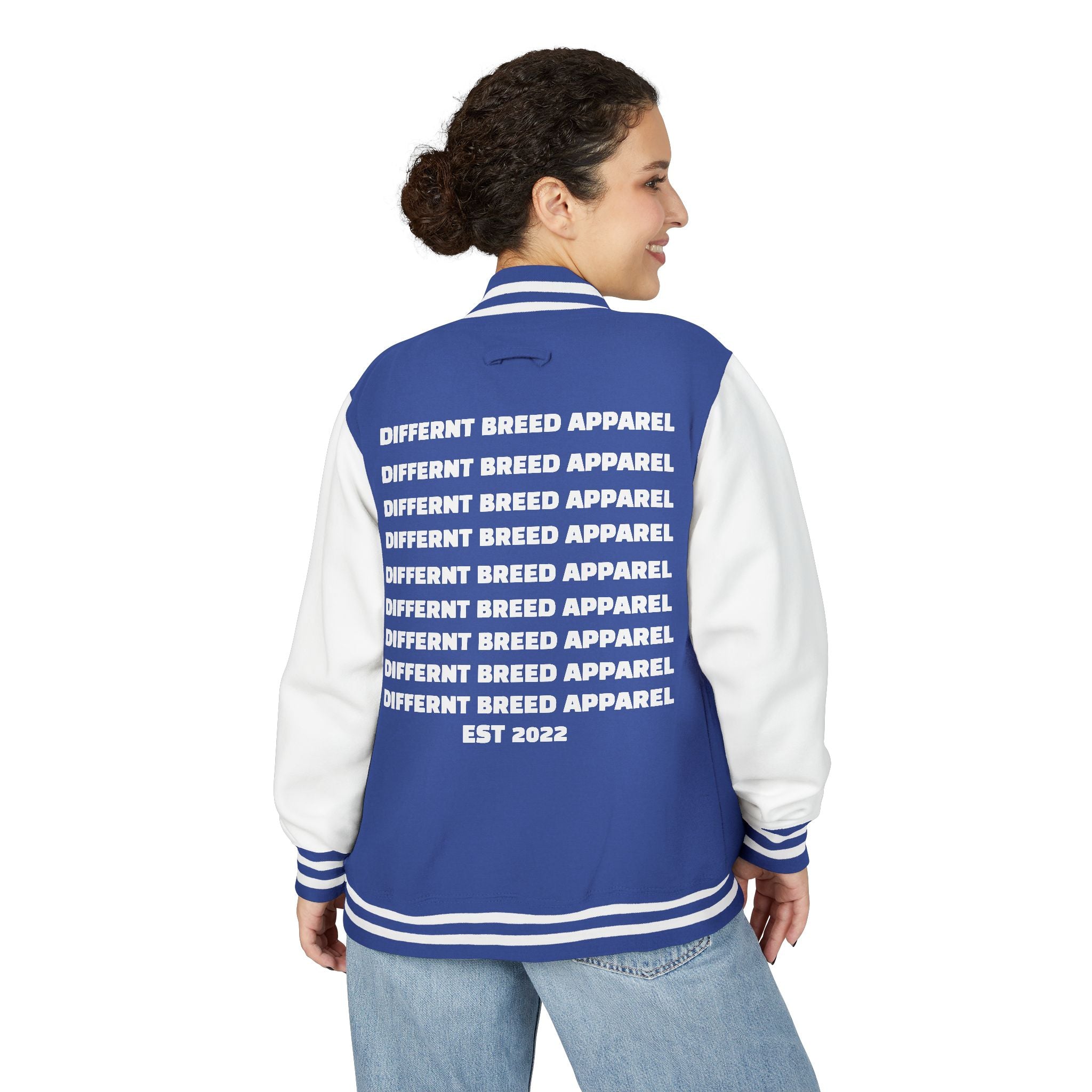 Letterman Jacket — Small Neon Portrait Patch & Repeated 'Different Breed Apparel' Back Print