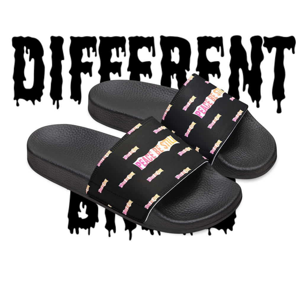 Slide Sandals — Black Printed "Peace & Shh" Straps, Removable‑Strap Pool Slides