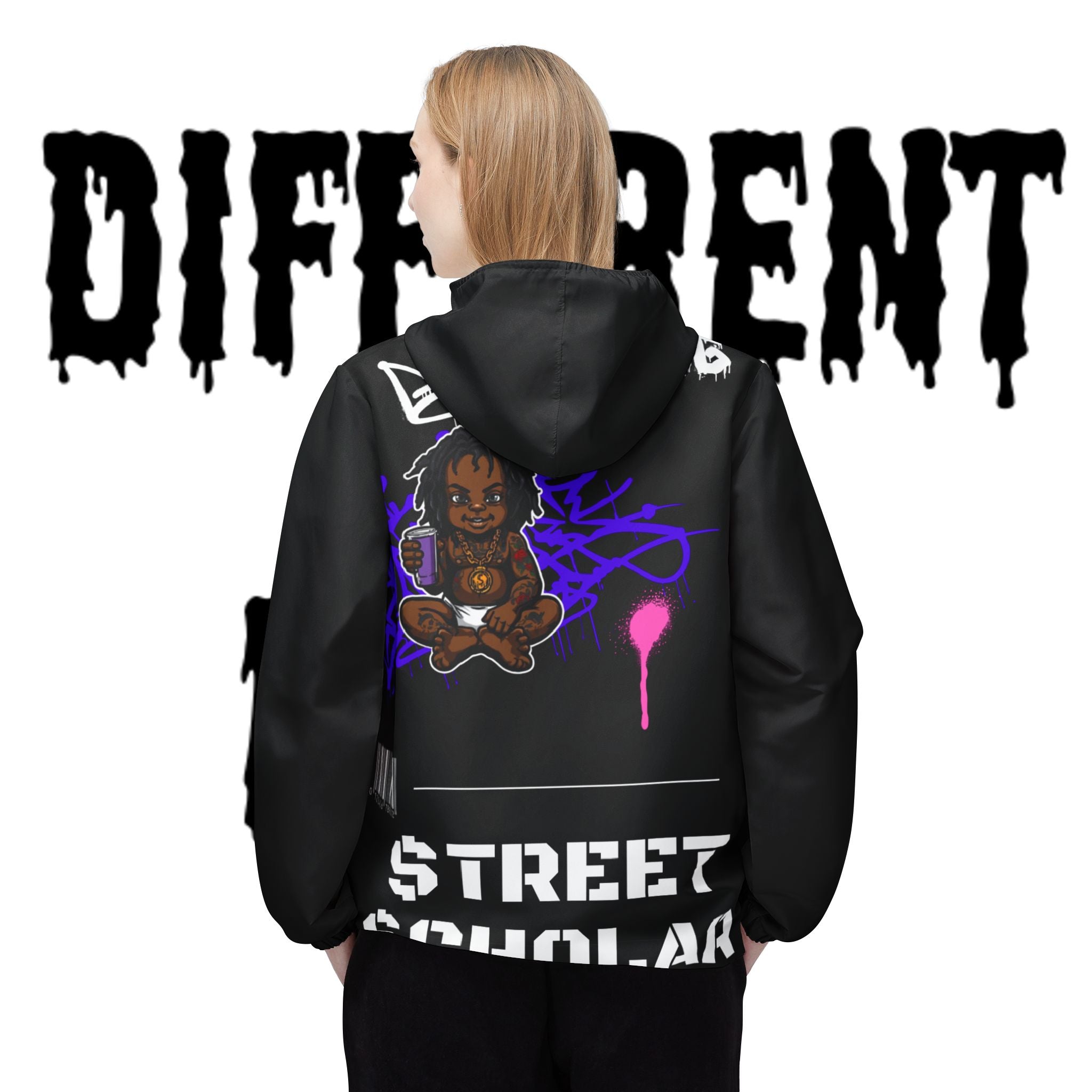 Street Scholar Windbreaker Jacket — Graphic Zip-Up Hooded Windbreaker