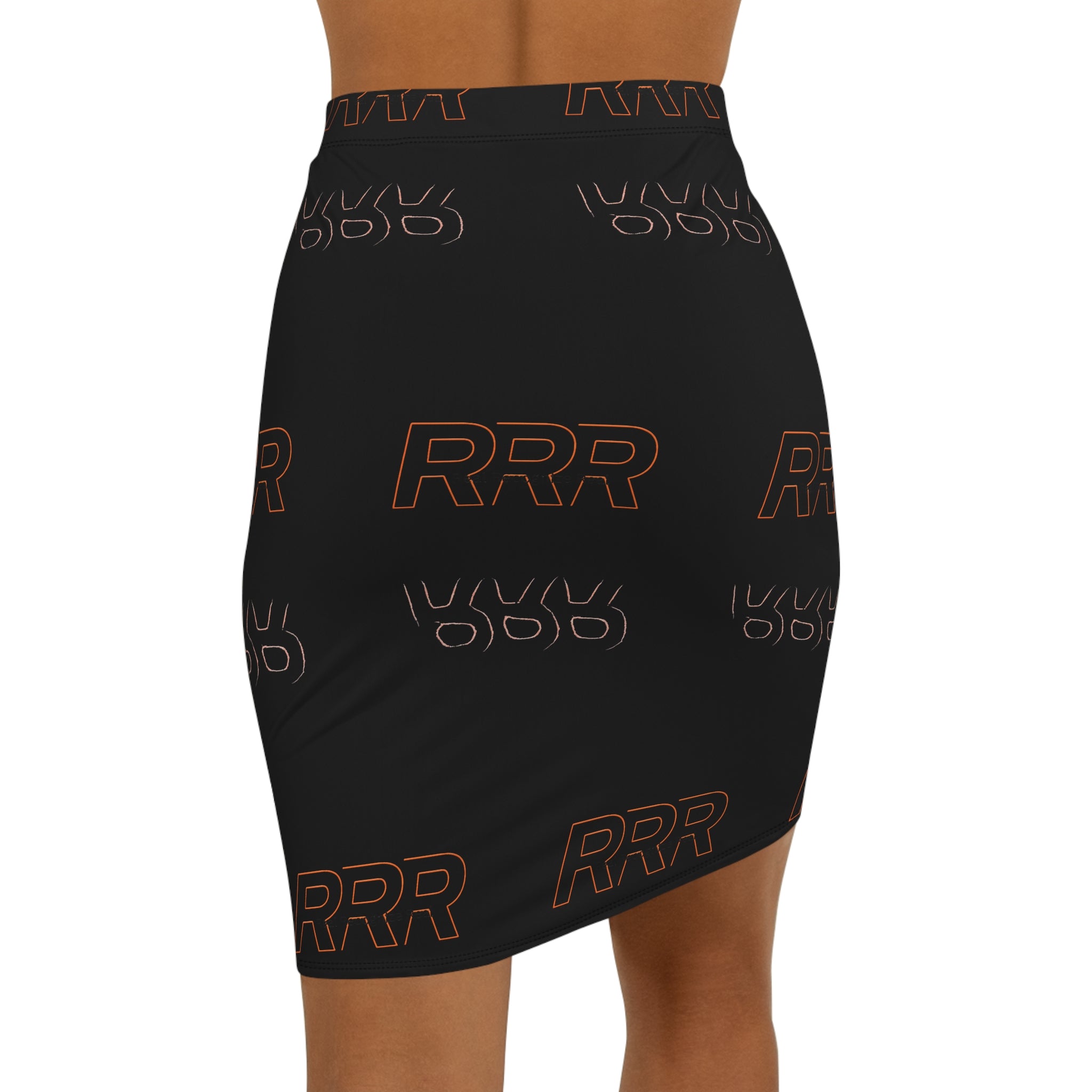 RRR Logo Black Mid‑Waist Pencil Skirt — Sleek Casual Graphic Skirt