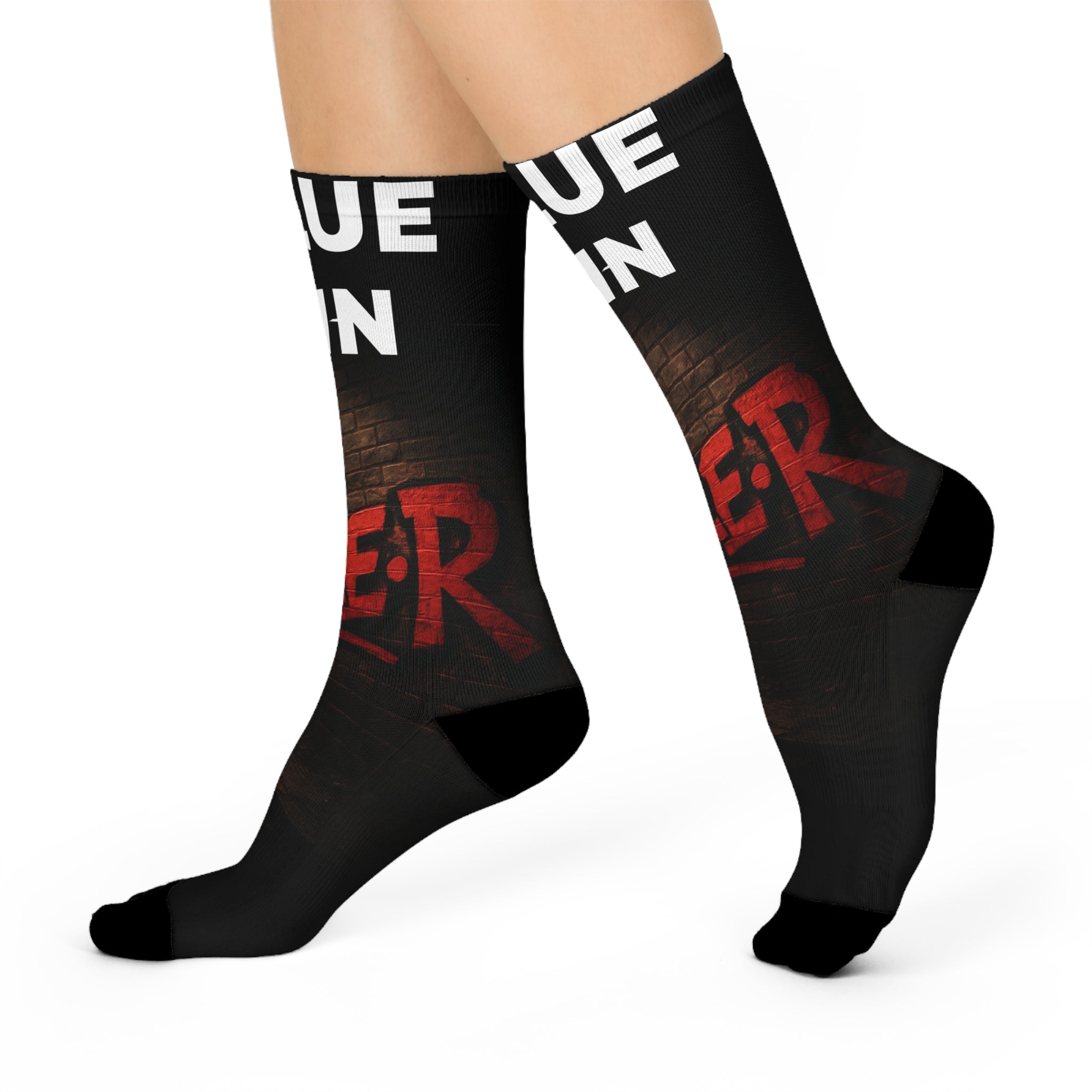 Cushioned Crew Socks — “Value Pain” Graphic Crew Socks with Red Grunge Lettering