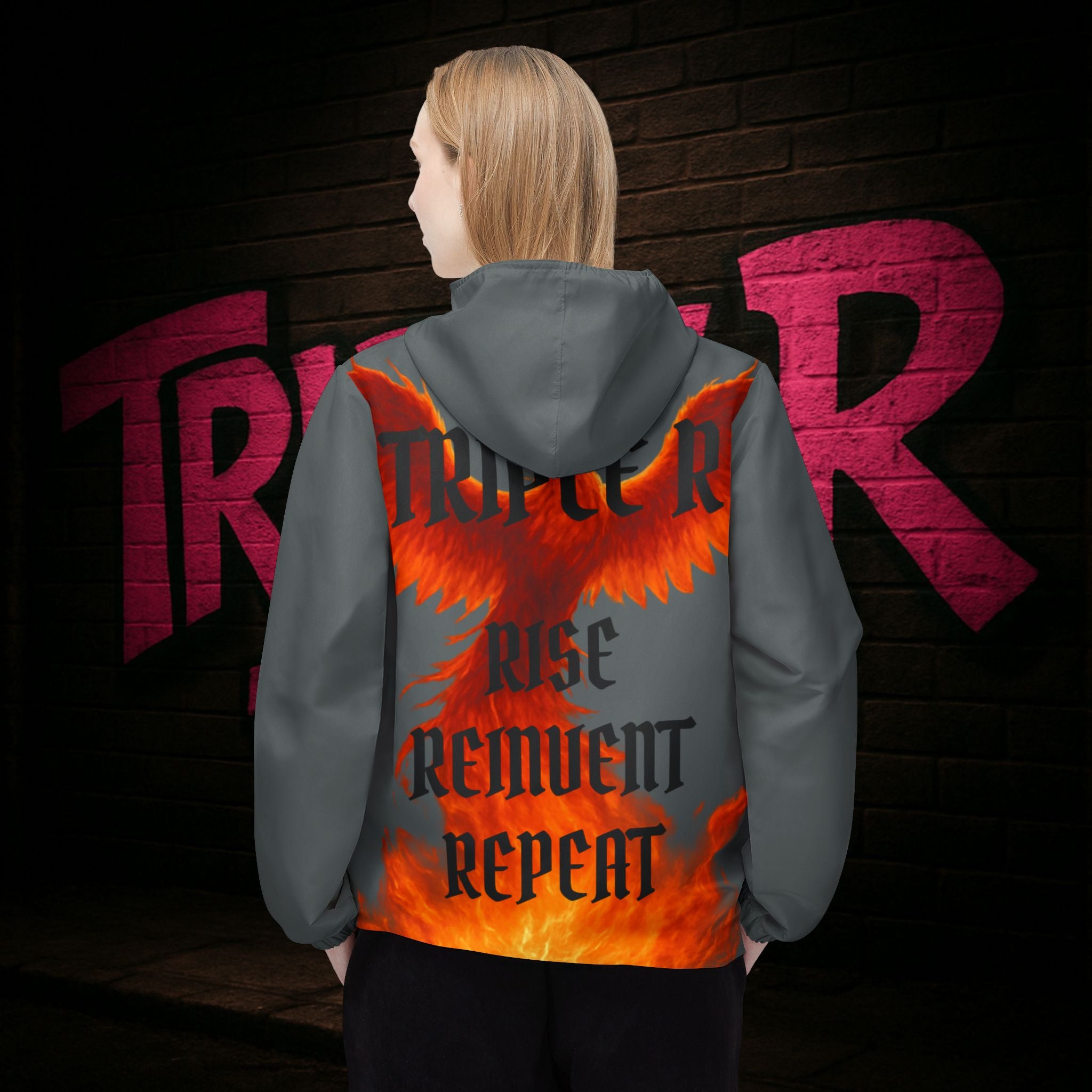 Windbreaker Jacket — RRR Phoenix Design “Rise Remove Repeat” Flame Hooded Windbreaker