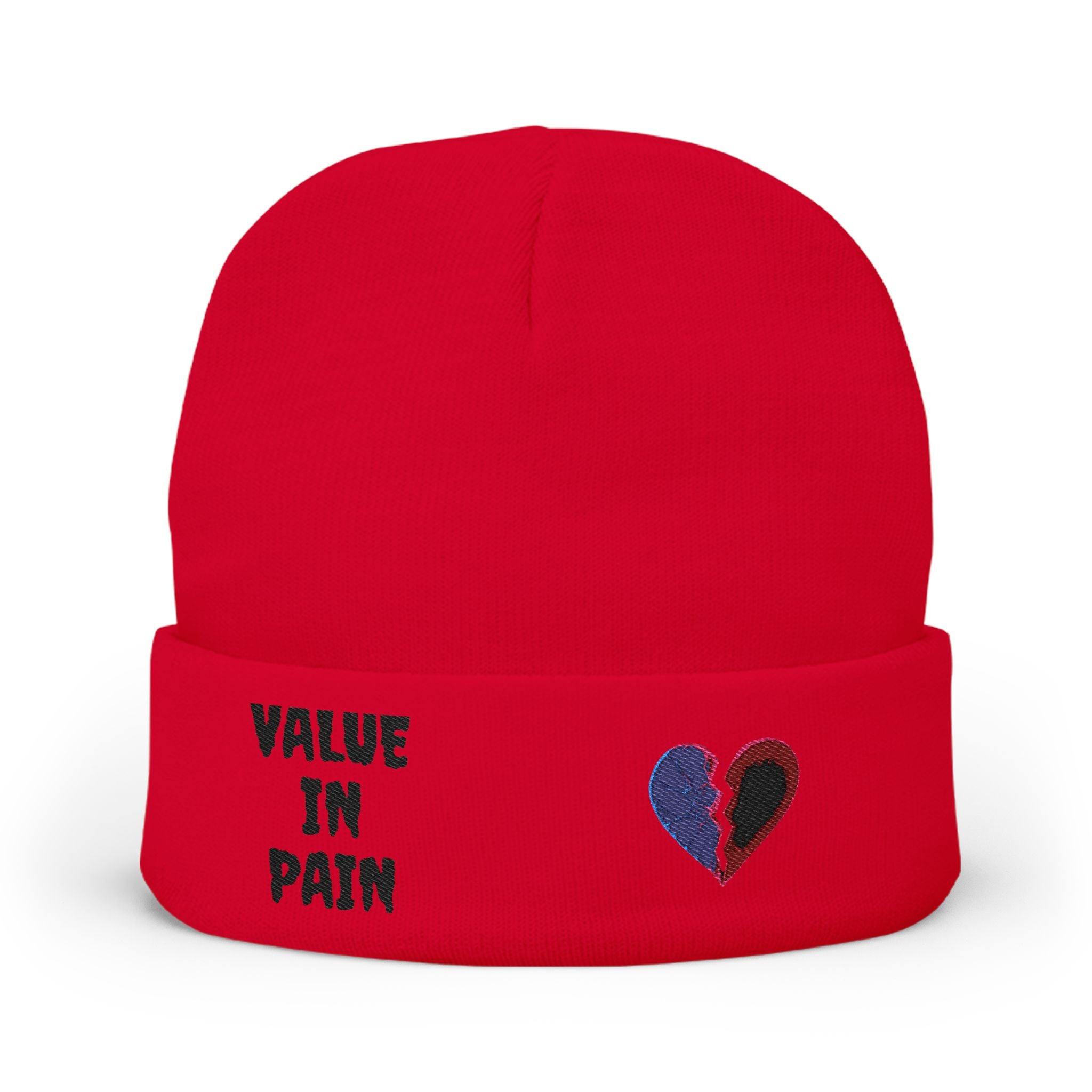 Embroidered 'Value in Pain' Knit Beanie — Broken Heart Winter Hat
