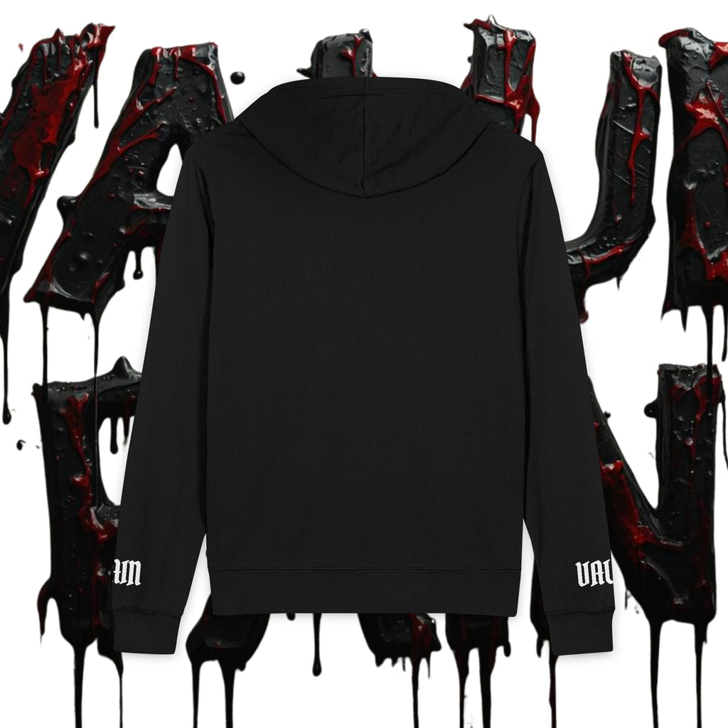 Gothic 'UP' Full-Zip Hoodie — Black Drip Streetwear with Sleeve Lettering
