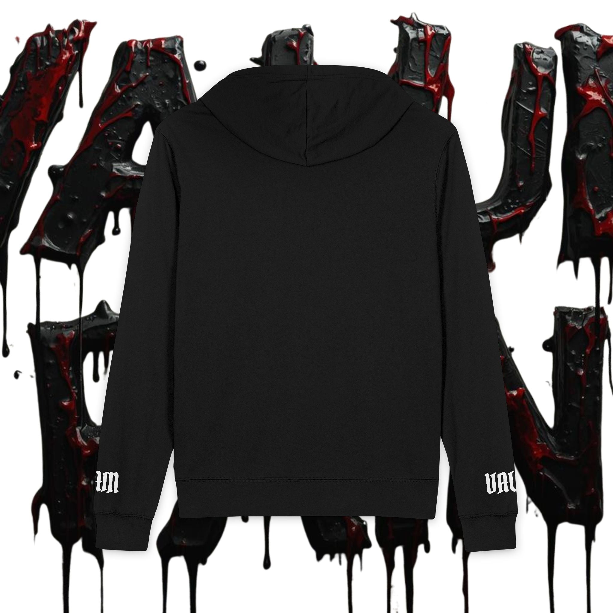Gothic 'UP' Full-Zip Hoodie — Black Drip Streetwear with Sleeve Lettering